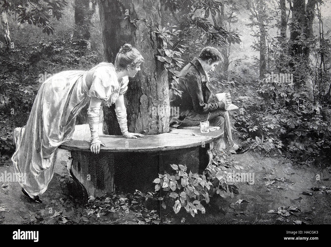 Frau hört zu ihrem Mann, der in den Garten Tagebuch 1880, schreibt historische Illustration, Holzschnitt Stockfoto