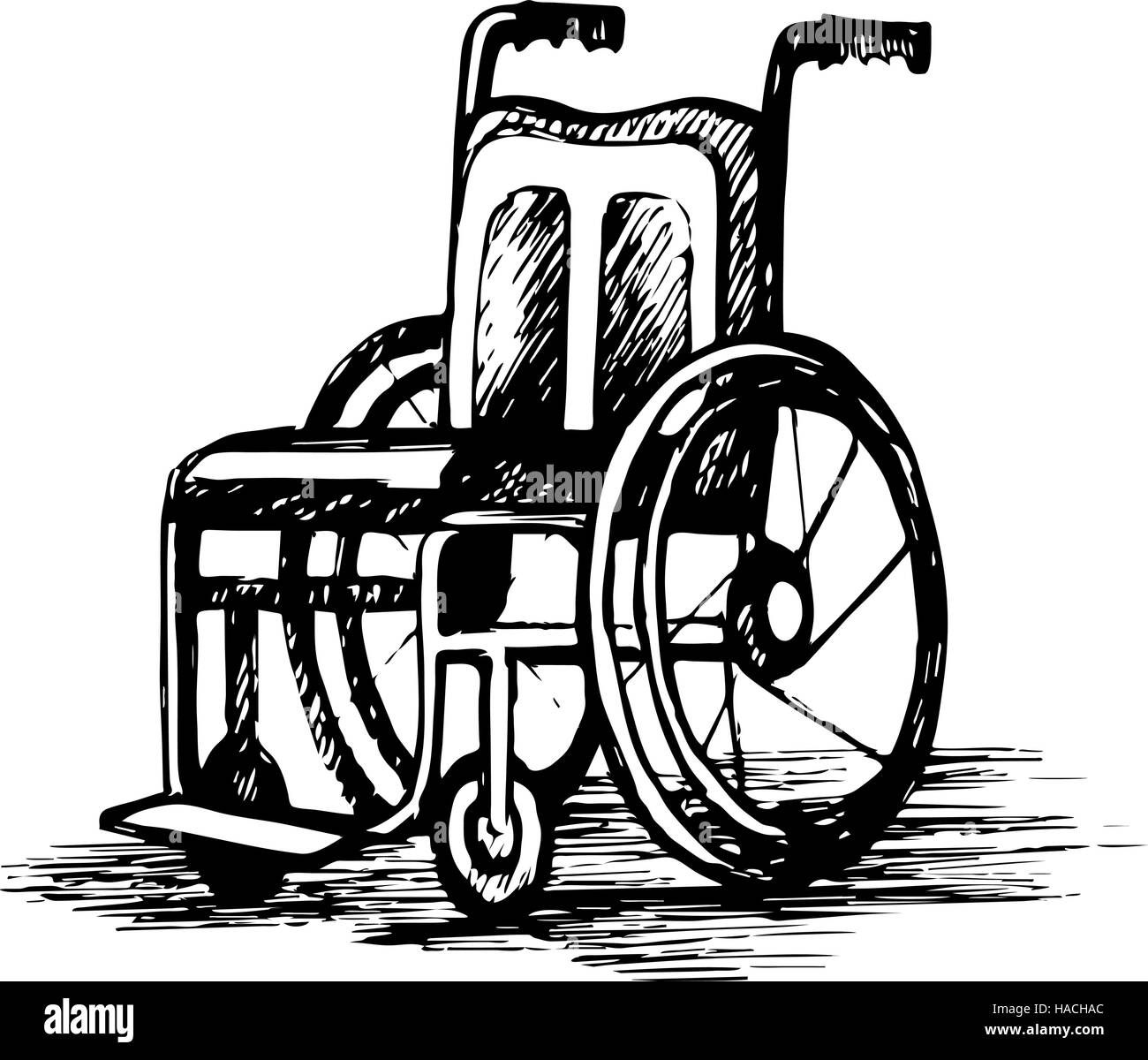 Rollstuhl isoliert auf weißem Hintergrund Skizze Abbildung. Stock Vektor