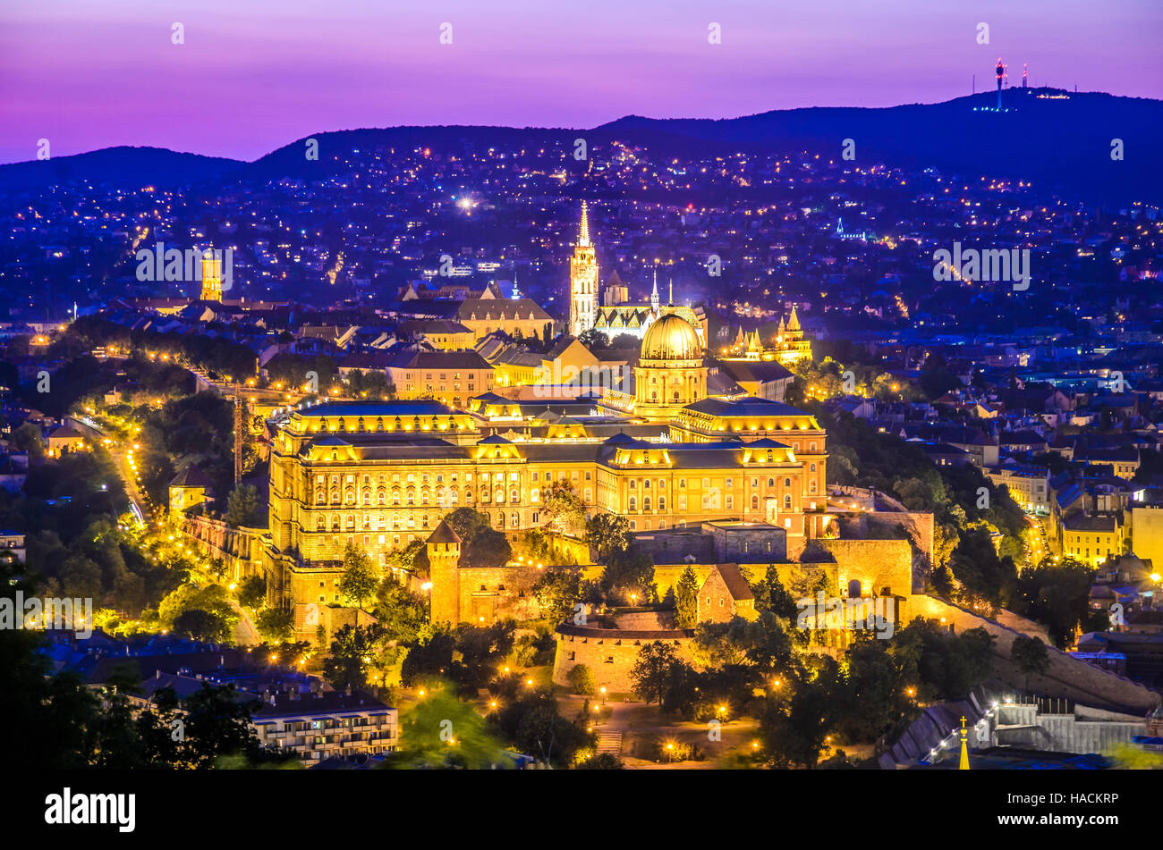 Budapest, Ungarn. Budaer Burg vom Gellertberg in der ungarischen Hauptstadt gesehen. Stockfoto