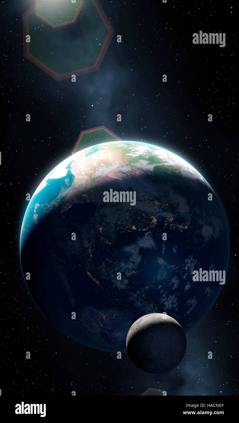 Abbildung der Erde und der Mond, der einen Großteil des Planeten in der Dunkelheit zeigt. Städte sind glänzend, definieren die Ränder der Kontinente gesehen. Diese Ansicht zeigt Australasien. Stockfoto