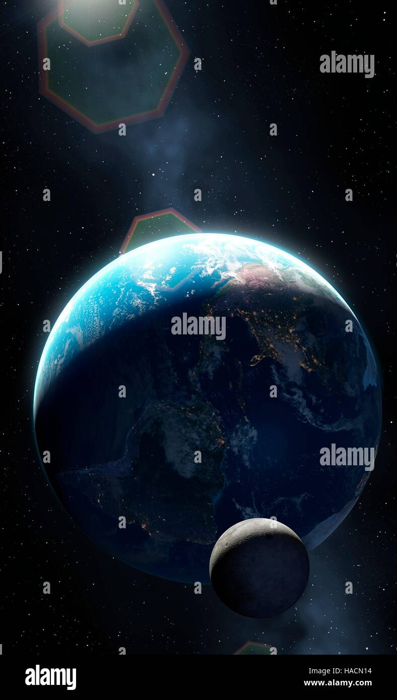 Abbildung der Erde und der Mond, der einen Großteil des Planeten in der Dunkelheit zeigt. Städte sind glänzend, definieren die Ränder der Kontinente gesehen. Diese Ansicht zeigt Nord- und Südamerika. Stockfoto