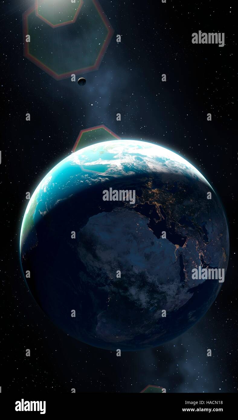 Abbildung der Erde und der Mond, der einen Großteil des Planeten in der Dunkelheit zeigt. Städte sind glänzend, definieren die Ränder der Kontinente gesehen. Diese Ansicht zeigt Europa und Afrika. Stockfoto