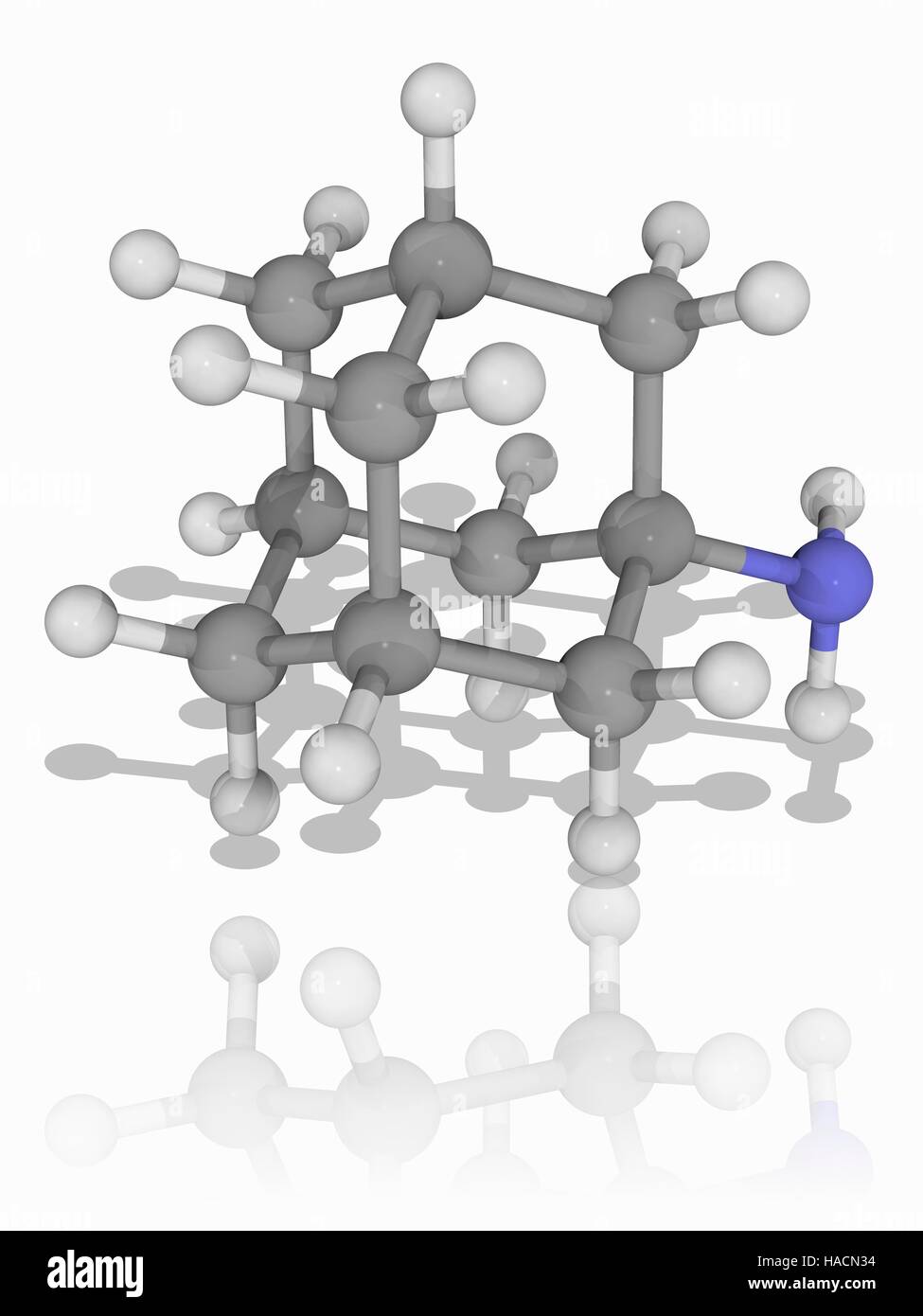 Amantadin. Molekulares Modell des Medikament Amantadin (C10. H17. (N), als eine antivirale Medikament und in Fällen der Parkinson-Krankheit eingesetzt. Atome als Kugeln dargestellt werden und sind farblich gekennzeichnet: Kohlenstoff (grau), Wasserstoff (weiß) und Stickstoff (blau). Abbildung. Stockfoto
