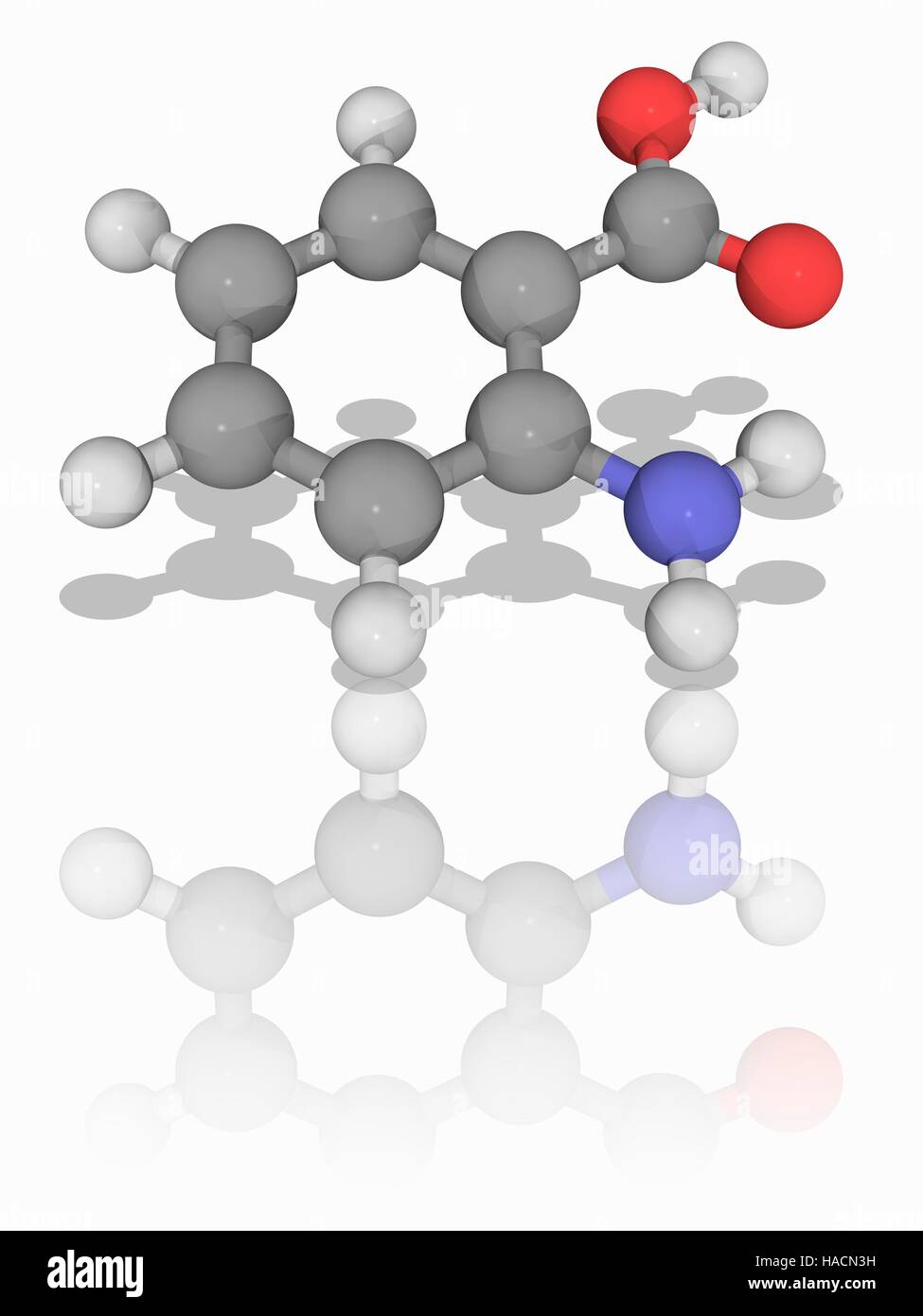 Anthranilsäure Säure. Molekülmodell der aromatischen Verbindung Anthranilsäure Säure (C7. H7. N.O2). Diese organische Verbindung dient als Zwischenprodukt zur Herstellung von Farbstoffen, Pigmenten und Saccharin. Atome als Kugeln dargestellt werden und sind farblich gekennzeichnet: Kohlenstoff (grau), Wasserstoff (weiß), Stickstoff (blau) und Sauerstoff (rot). Abbildung. Stockfoto