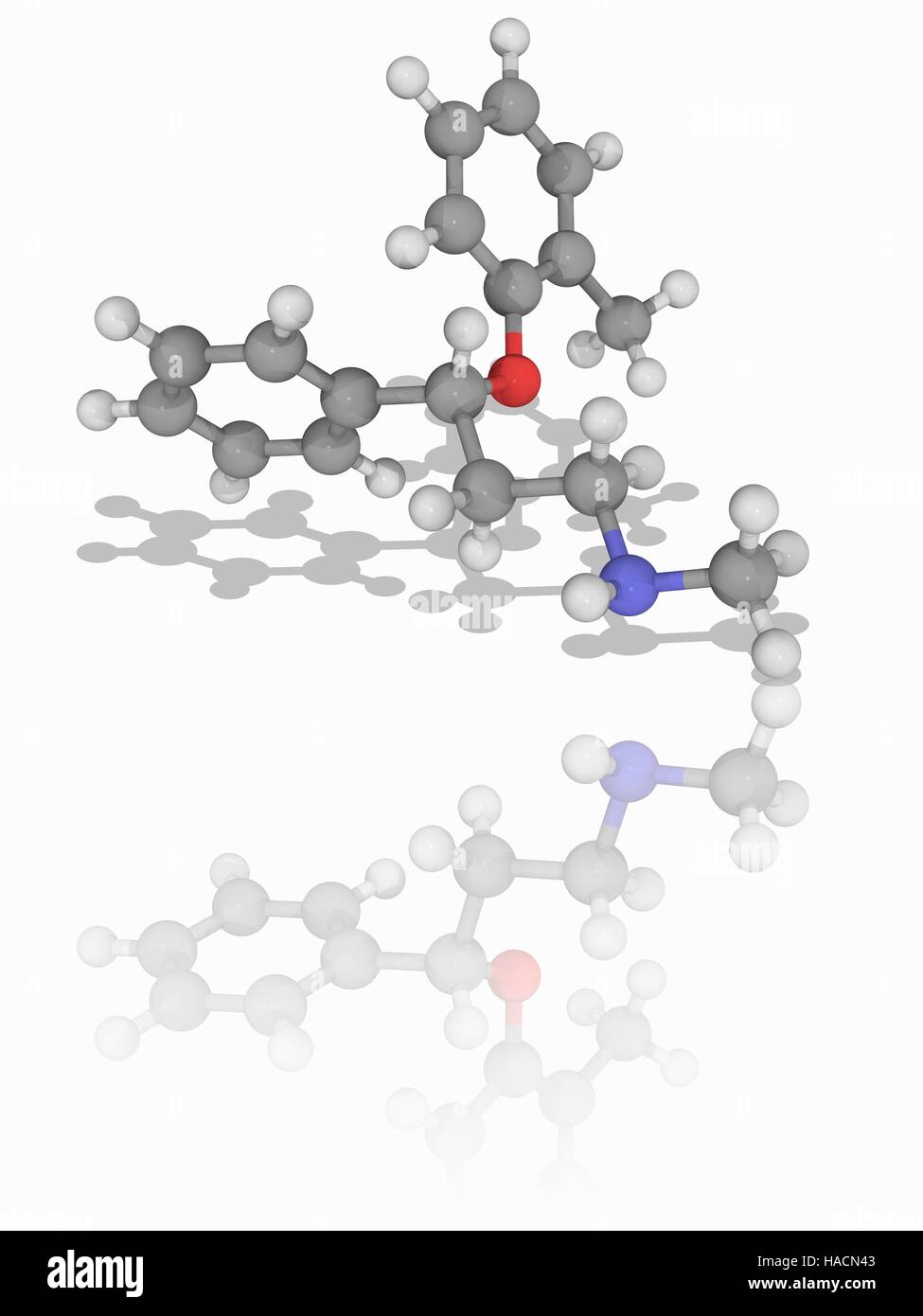Atomoxetin. Molekulares Modell des Medikament Atomoxetine (C17. H21. NAVI). Dieses Medikament dient der Behandlung von Aufmerksamkeits-Defizit-Hyperaktivitäts-Störung (ADHS). Atome als Kugeln dargestellt werden und sind farblich gekennzeichnet: Kohlenstoff (grau), Wasserstoff (weiß), Stickstoff (blau) und Sauerstoff (rot). Abbildung. Stockfoto
