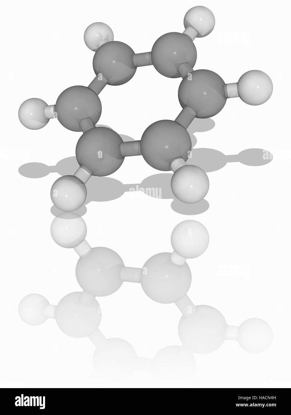 Benzol. Molekulares Modell des aromatischen Kohlenwasserstoff Benzol (C6. H6). Dieser natürliche Bestandteil des Rohöls wird als Vorläufer für die Herstellung von komplexen Chemikalien verwendet. Die Studie der aromatischen Ringstruktur von Benzol war entscheidend für den Erfolg der organischen Chemie. Atome als Kugeln dargestellt werden und sind farblich gekennzeichnet: Kohlenstoff (grau) und Wasserstoff (weiß). Abbildung. Stockfoto