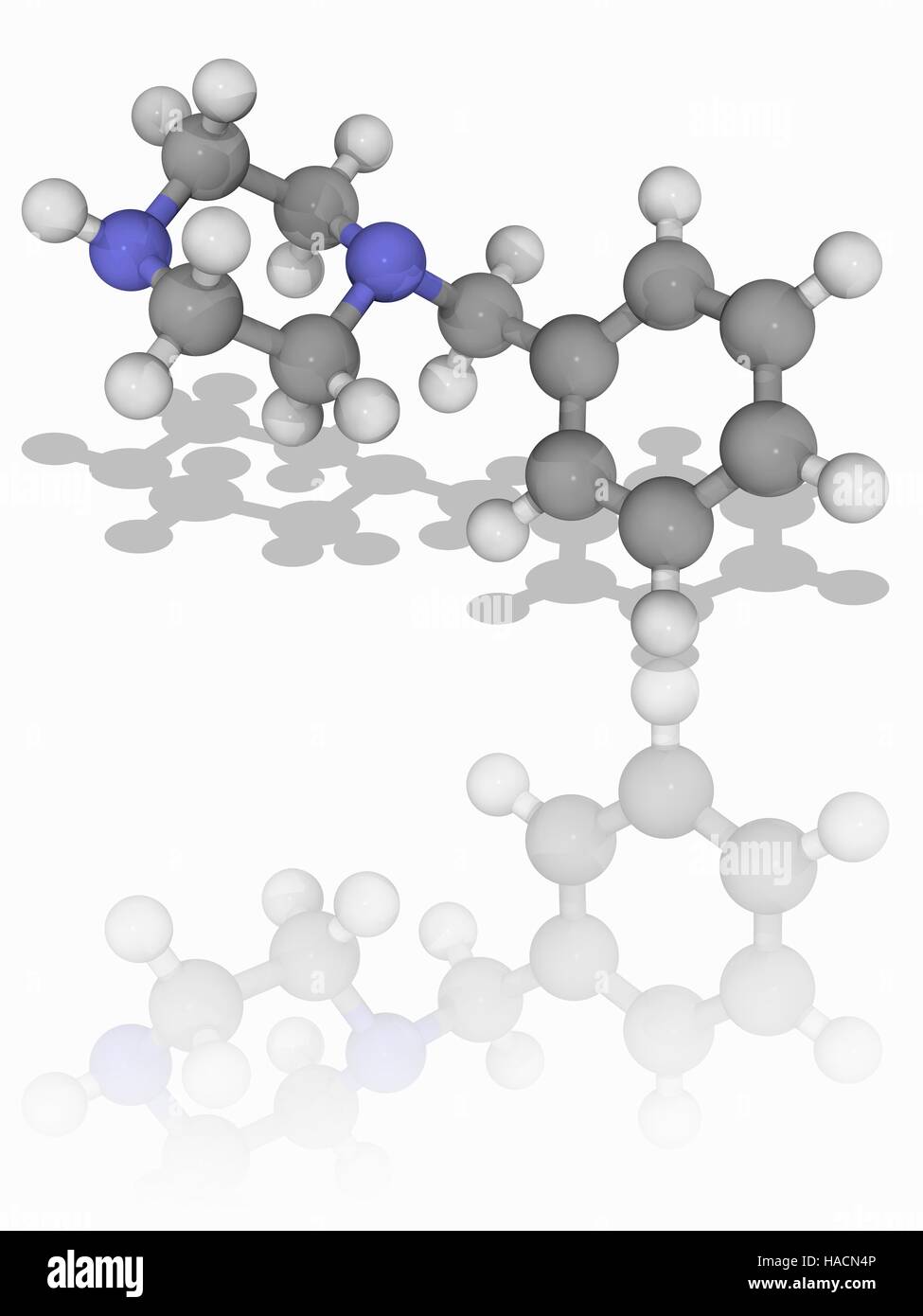 Benzylpiperazin. Molekulares Modell des Drogen-Benzylpiperazin (BZP, C11. H16. (N2). Dieses Medikament hat euphorische und stimulierende Eigenschaften. Es ist in einigen Ländern verboten. Atome als Kugeln dargestellt werden und sind farblich gekennzeichnet: Kohlenstoff (grau), Wasserstoff (weiß) und Stickstoff (blau). Abbildung. Stockfoto