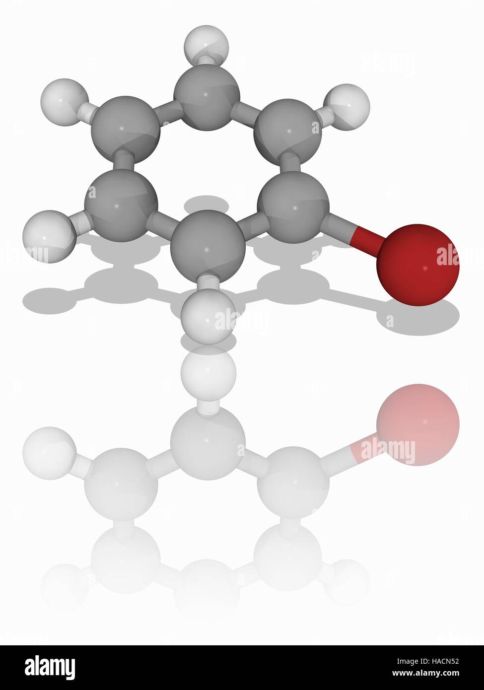 Bromobenzene. Molekulares Modell des Aryl Halide Bromobenzene (C6.H5.Br). Diese Chemikalie wird in der organischen Synthese verwendet, um andere Moleküle über eine Phenyl-Gruppe vorzustellen Palladium-katalysierte Kupplung Reaktionen. Atome als Kugeln dargestellt werden und sind farblich gekennzeichnet: Kohlenstoff (grau), Wasserstoff (weiß) und Brom (rot-braun). Abbildung. Stockfoto