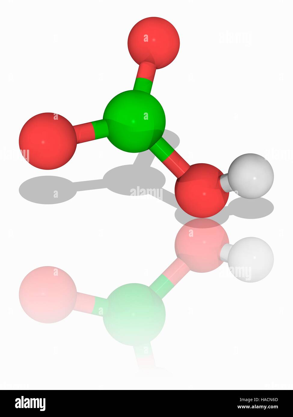 Chloric Säure. Molekülmodell der starke Säure und oxidierende Mittel Chloric Säure (HClO3). Es ist eine sehr reaktive Chemikalie mit vielen Materialien, oxidierende oder verbrennen auf Kontakt mit ihm. Atome als Kugeln dargestellt werden und sind farblich gekennzeichnet: Wasserstoff (weiß), Sauerstoff (rot) und Chlor (grün). Abbildung. Stockfoto