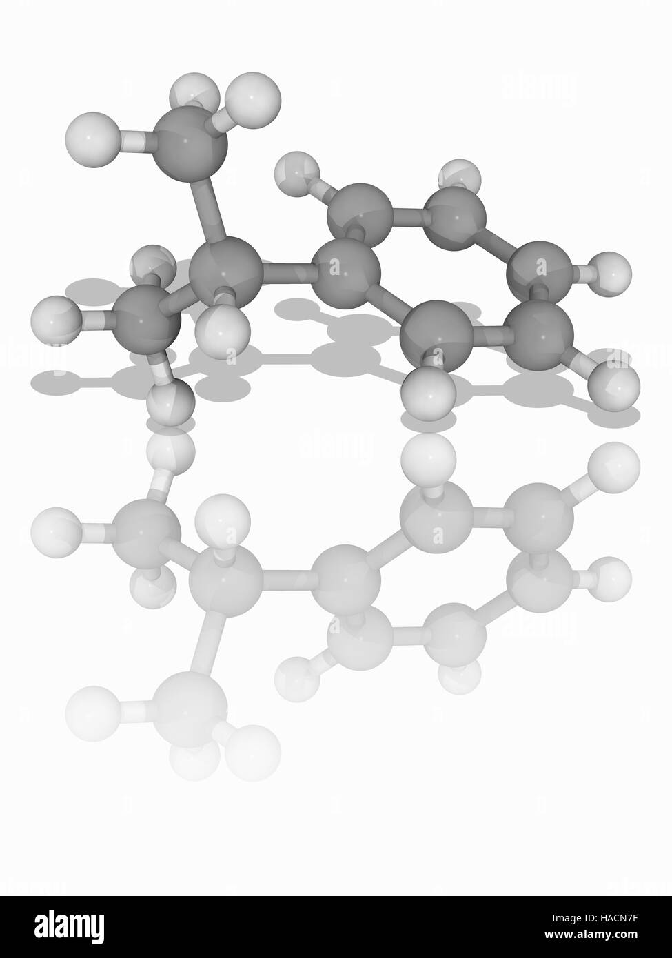 Cumol. Molekulares Modell des aromatischen Kohlenwasserstoff Cumol (C9. H12). Auch bekannt als Isopropylbenzene, ist dies ein Bestandteil von Rohöl und raffiniertes Kraftstoffen. Atome als Kugeln dargestellt werden und sind farblich gekennzeichnet: Kohlenstoff (grau) und Wasserstoff (weiß). Abbildung. Stockfoto
