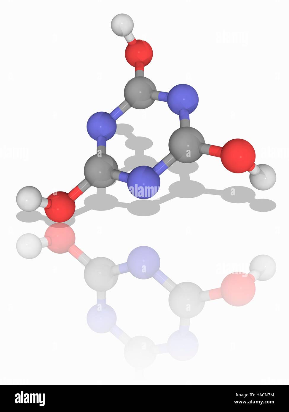 Cyanursäure. Molekülmodell der organischen Verbindung Cyanursäure (C3. H3. N3. O3). Ein Triazin (stickstoffhaltige Heterozyklische Verbindung), ist es ein Vorläufer Chemikalie oder eine Komponente von Bleichmittel, Desinfektionsmittel und Herbiziden. Atome als Kugeln dargestellt werden und sind farblich gekennzeichnet: Kohlenstoff (grau), Wasserstoff (weiß) und Sauerstoff (rot). Abbildung. Stockfoto