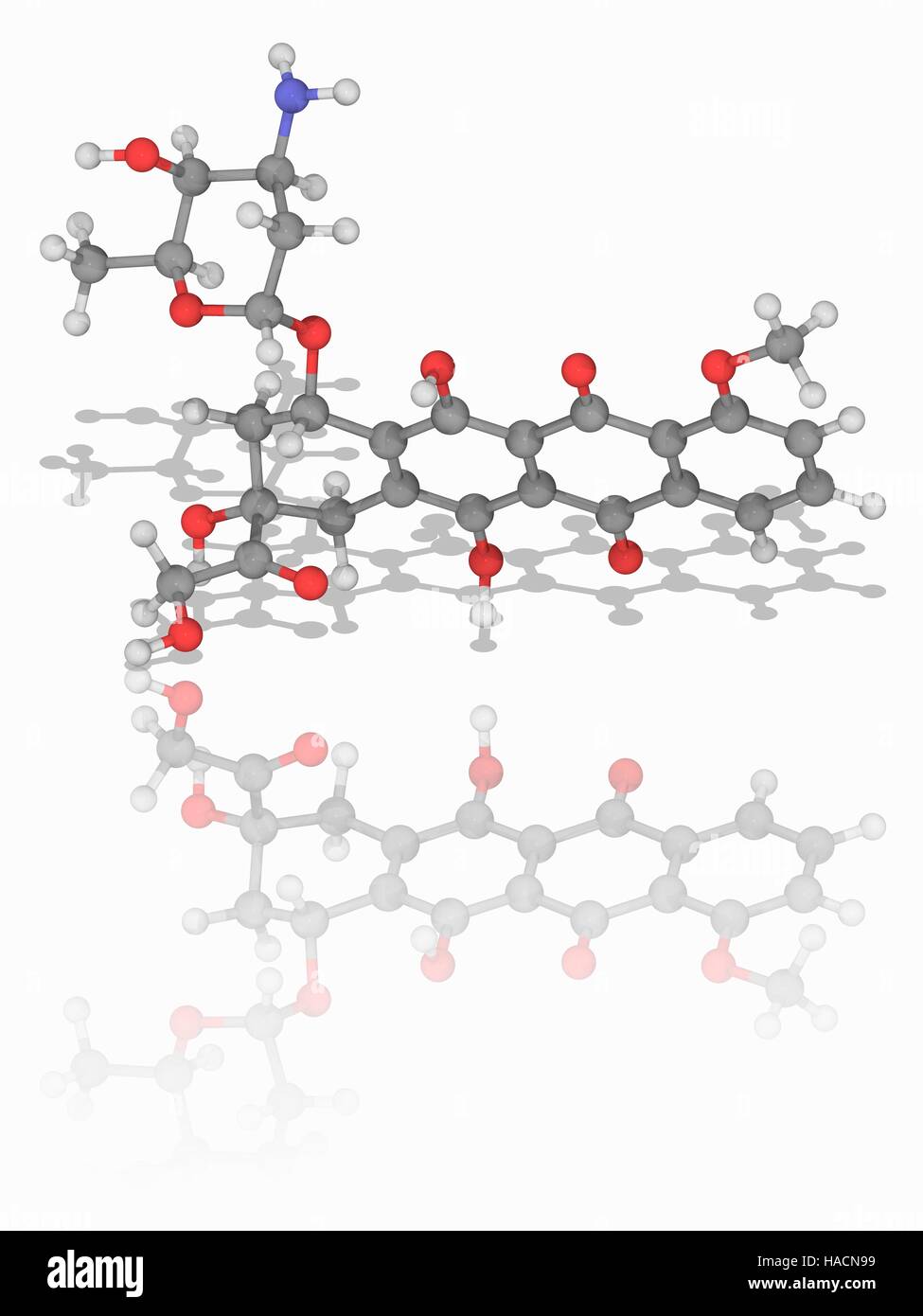 Doxorubicin. Molekülmodell von Chemotherapie Droge Doxorubicin (C27. H29. N.O11), gegen eine Vielzahl von Krebserkrankungen eingesetzt. Es ist ein Handelsname Adriamycin. Atome als Kugeln dargestellt werden und sind farblich gekennzeichnet: Kohlenstoff (grau), Wasserstoff (weiß), Stickstoff (blau) und Sauerstoff (rot). Abbildung. Stockfoto