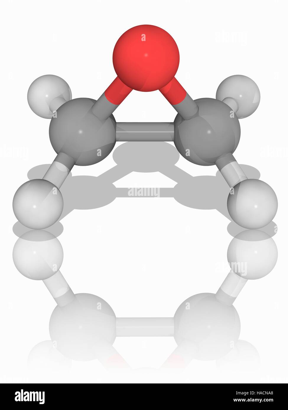Ethylenoxid. Molekulares Modell des zyklischen Ether Ethylenoxid (C2. H4. (O), auch bekannt als oxiran. Diese organische Verbindung ist ein farbloses brennbares Gas. Es dient in der chemischen Industrie für die Synthese von Ethylen Glykol. Es ist das einfachste Beispiel für ein Epoxid. Atome als Kugeln dargestellt werden und sind farblich gekennzeichnet: Kohlenstoff (grau), Wasserstoff (weiß) und Sauerstoff (rot). Abbildung. Stockfoto