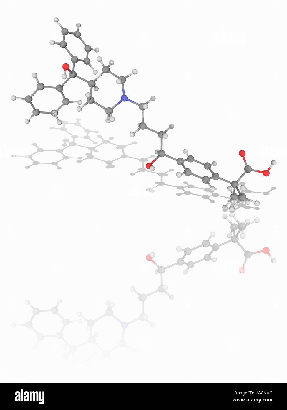 Überdosierungen. Molekülmodell Antihistamin Droge Überdosierungen (C32. H39. N.O4), verwendet in der Behandlung von Heuschnupfen und ähnlichen allergischen Symptomen. Atome als Kugeln dargestellt werden und sind farblich gekennzeichnet: Kohlenstoff (grau), Wasserstoff (weiß), Stickstoff (blau) und Sauerstoff (rot). Abbildung. Stockfoto