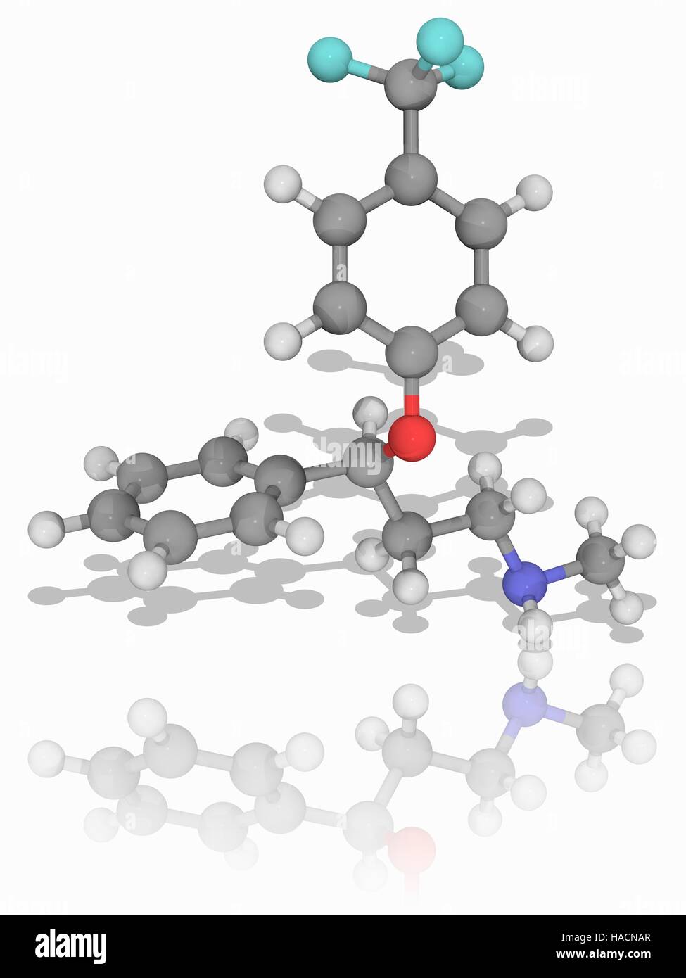 Fluoxetin. Molekulares Modell des Antidepressivum Medikament Fluoxetin (C17. H18. F3. Navi), allgemein bekannt als Prozac. Dies ist ein Mitglied der selektiven Serotonin Reuptake-Hemmer (SSRI) Klasse von Medikamenten. Es wird zur Behandlung von schweren depressiven Störungen sowie anderen psychischen Störungen. Atome als Kugeln dargestellt werden und sind farblich gekennzeichnet: Kohlenstoff (grau), Wasserstoff (weiß), Stickstoff (blau), Sauerstoff (rot) und Fluor (Cyan). Abbildung. Stockfoto