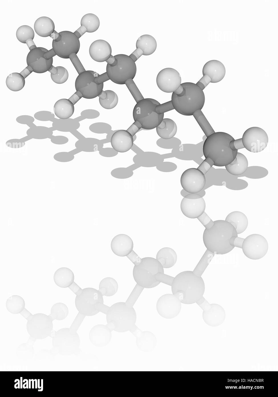 Heptan. Molekulares Modell des Straight-Kette Alkans Heptan (C7. H16). Diese Chemikalie wird als völlig unpolaren Lösungsmittel, und auch als Test Brennstoff verwendet. Atome als Kugeln dargestellt werden und sind farblich gekennzeichnet: Kohlenstoff (grau) und Wasserstoff (weiß). Abbildung. Stockfoto