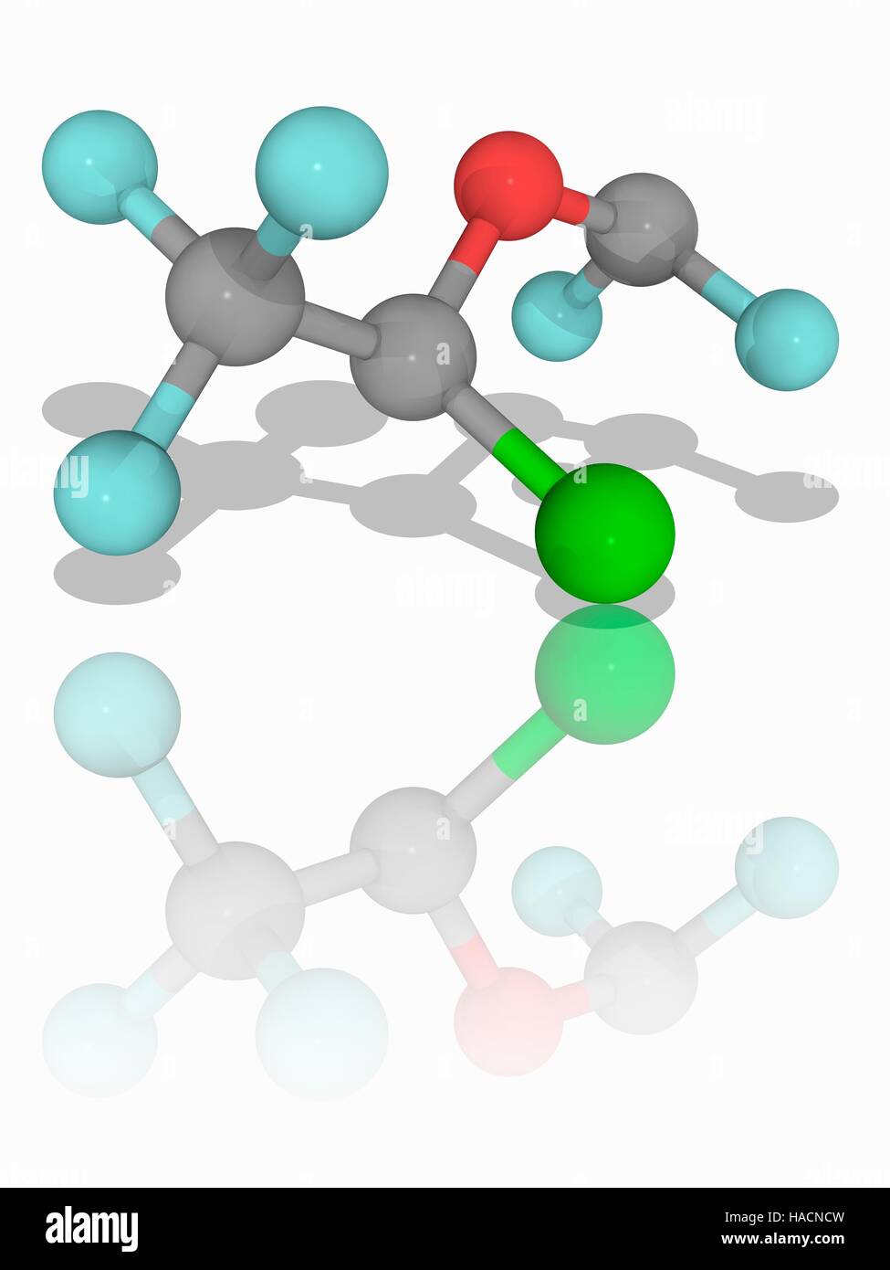 Isofluran. Molekülmodell halogenierte Ether Isofluorane (C3. H2. Cl.F5.O), eine Chemikalie, die durch Inhalation Anästhesie Verwaltung verwendet. Atome als Kugeln dargestellt werden und sind farblich gekennzeichnet: Kohlenstoff (grau), Wasserstoff (weiß), Fluor (Cyan), Sauerstoff (rot) und Chlor (grün). Abbildung. Stockfoto