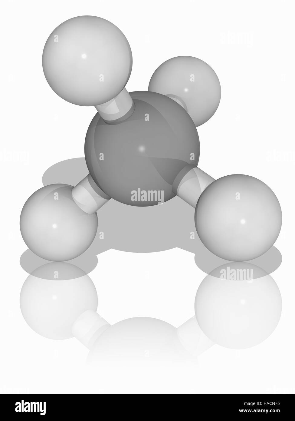 Methan. Molekülmodell des Alkans und Kohlenwasserstoff Methan (CH4). Es ist der Hauptbestandteil von Erdgas. Es ist die einfachste mögliche Alkan. Atome als Kugeln dargestellt werden und sind farblich gekennzeichnet: Kohlenstoff (grau) und Wasserstoff (weiß). Abbildung. Stockfoto