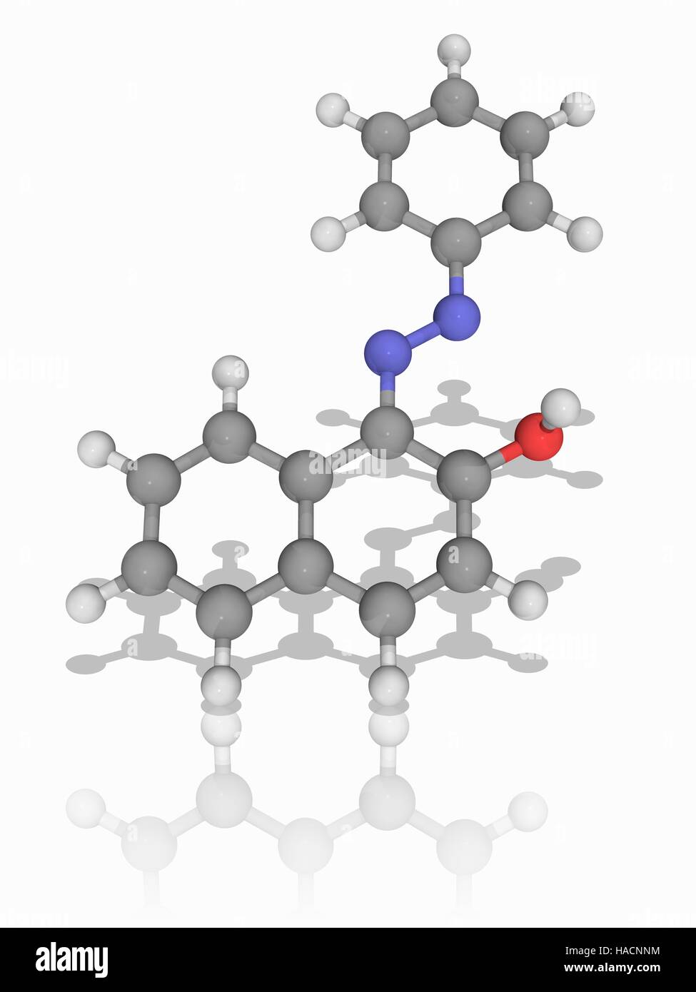 Sudan I. Molekülmodell der Farbstoff und organische Verbindung Sudan ich (C16. H12. N2. (O), auch bekannt als Lösungsmittel Orange R und CI Lösungsmittel gelb 14. Dieses rot-Orange-Pulver wird verwendet, um Polituren, Wachse, Öle und Lösungsmittel zu färben. Es ist verboten, als ein Lebensmittel-Farbstoff aufgrund seiner Kanzerogenität Atome als Kugeln dargestellt werden und sind farblich gekennzeichnet: Kohlenstoff (grau), Wasserstoff (weiß), Stickstoff (blau) und Sauerstoff (rot). Abbildung. Stockfoto