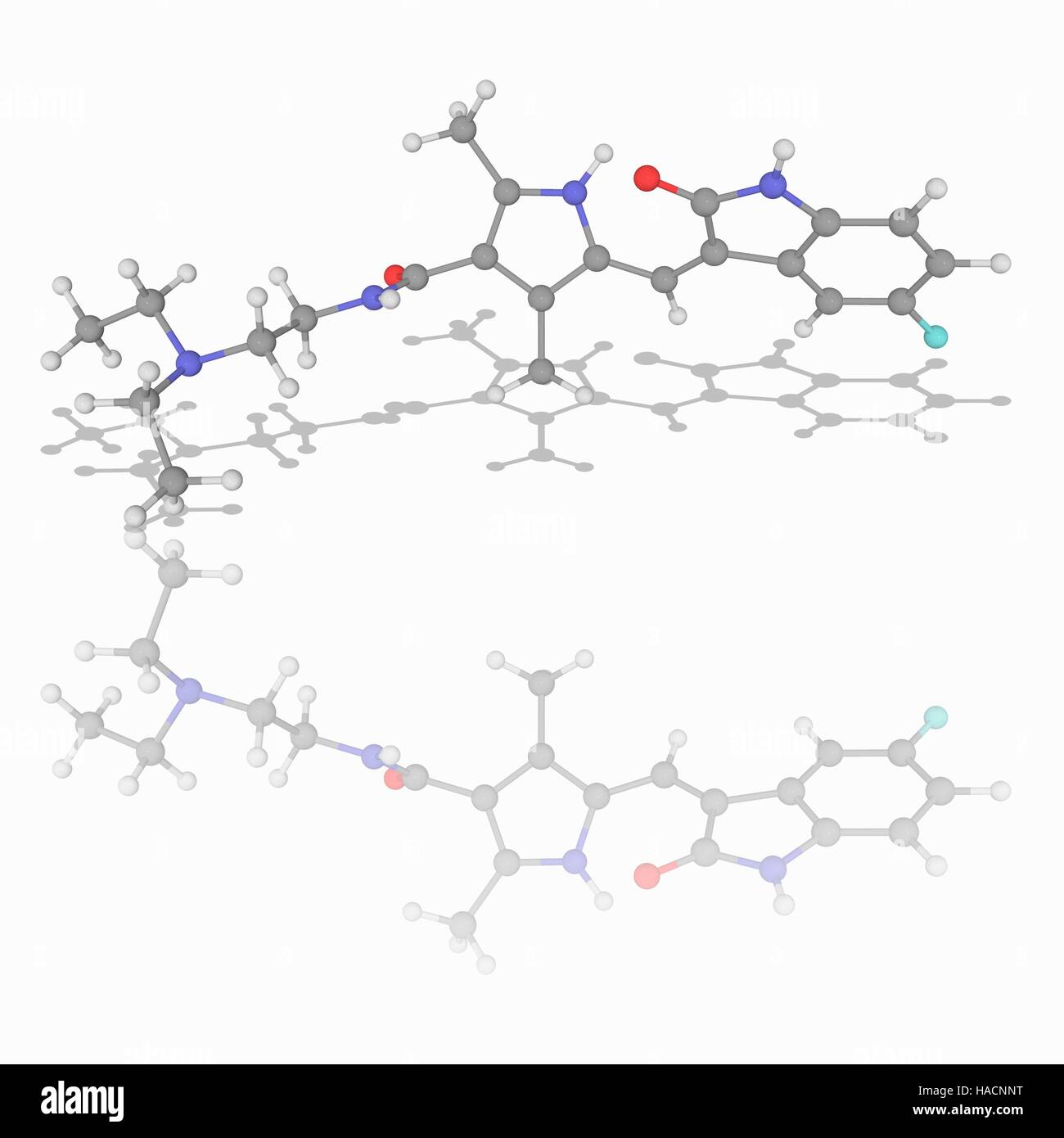 Sunitinib. Molekulares Modell des Medikament Sunitinib (C22. H27. F.N4. O2), ein Rezeptor Tyrosin-Kinase-Inhibitor zur Behandlung von Nierenzellkarzinomen und Imatinib-resistente gastrointestinalen Stromatumoren Tumoren. Atome als Kugeln dargestellt werden und sind farblich gekennzeichnet: Kohlenstoff (grau), Wasserstoff (weiß), Stickstoff (blau), Sauerstoff (rot) und Fluor (Cyan). Abbildung. Stockfoto