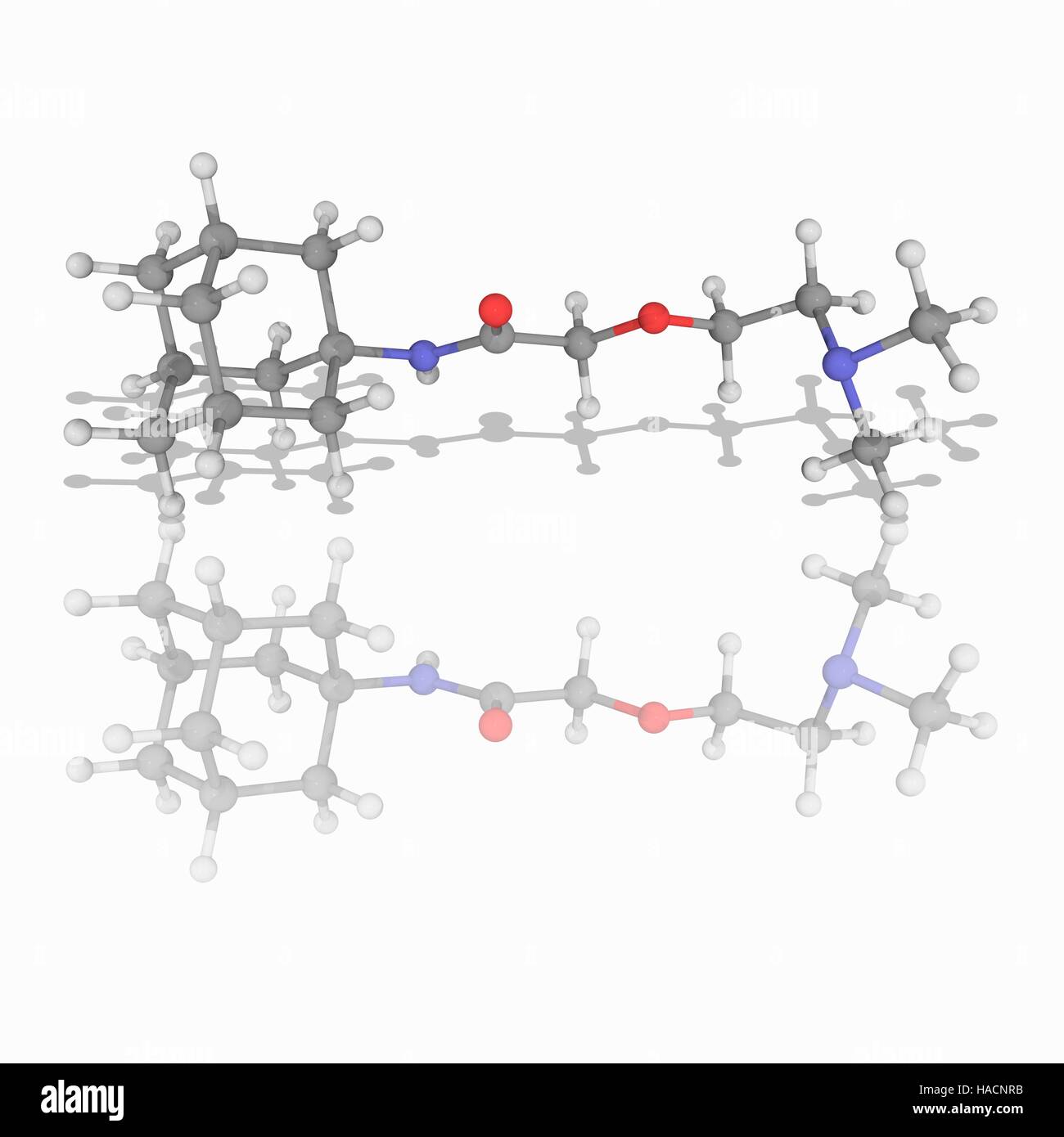 Tromantadine. Molekülmodell antivirale Medikament Tromantadine (C16. H28. N2. O2), zur Behandlung von Infektionen mit dem Herpes-Simplex-Virus. Atome als Kugeln dargestellt werden und sind farblich gekennzeichnet: Kohlenstoff (grau), Wasserstoff (weiß), Stickstoff (blau) und Sauerstoff (rot). Abbildung. Stockfoto