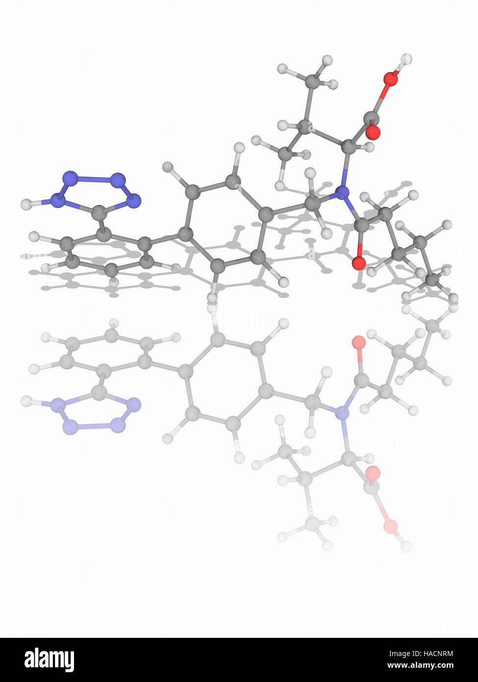 Valsartan. Molekulares Modell des Medikament Valsartan (C24. H29. N5. O3), ein Angiotensin-II-Rezeptor-Antagonisten zur Behandlung von Bluthochdruck, Herzinsuffizienz und Post-myokardiale Infarktbildung. Atome als Kugeln dargestellt werden und sind farblich gekennzeichnet: Kohlenstoff (grau), Wasserstoff (weiß), Stickstoff (blau) und Sauerstoff (rot). Abbildung. Stockfoto