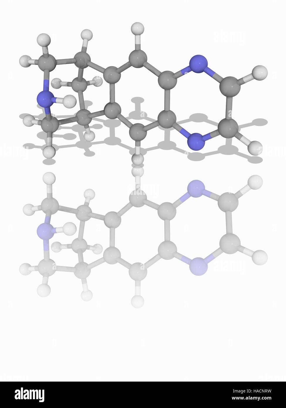 Vareniclin. Molekulares Modell des Medikament Vareniclin (C13. H13. N3), einen teilweise Nikotinsäure Rezeptor-Agonisten zur Behandlung von Nikotinsucht. Atome als Kugeln dargestellt werden und sind farblich gekennzeichnet: Kohlenstoff (grau), Wasserstoff (weiß) und Stickstoff (blau). Abbildung. Stockfoto