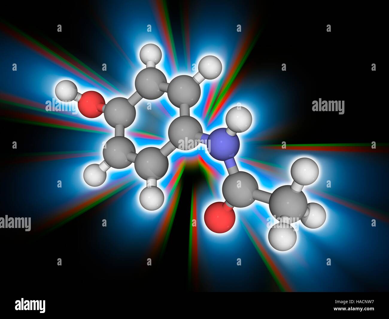 Paracetamol (Paracetamol), Molekülmodell (C8. H9. N.O2). Dieses Medikament wird verwendet, um Schmerzen zu lindern und Fieber senken. Atome als Kugeln dargestellt werden und sind farblich gekennzeichnet: Kohlenstoff (grau), Wasserstoff (weiß), Stickstoff (blau) und Sauerstoff (rot). Abbildung. Stockfoto