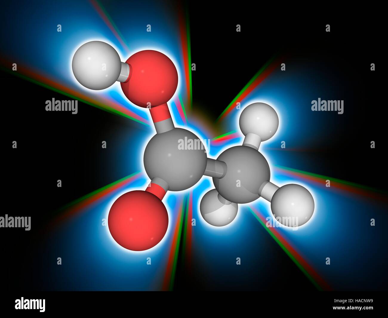 Essigsäure. Molekülmodell von Essigsäure (C2. H4. O2, Ethanoic Säure), die wichtigste Komponente der Essig. Atome als Kugeln dargestellt werden und sind farblich gekennzeichnet: Kohlenstoff (grau), Wasserstoff (weiß) und Sauerstoff (rot). Abbildung. Stockfoto