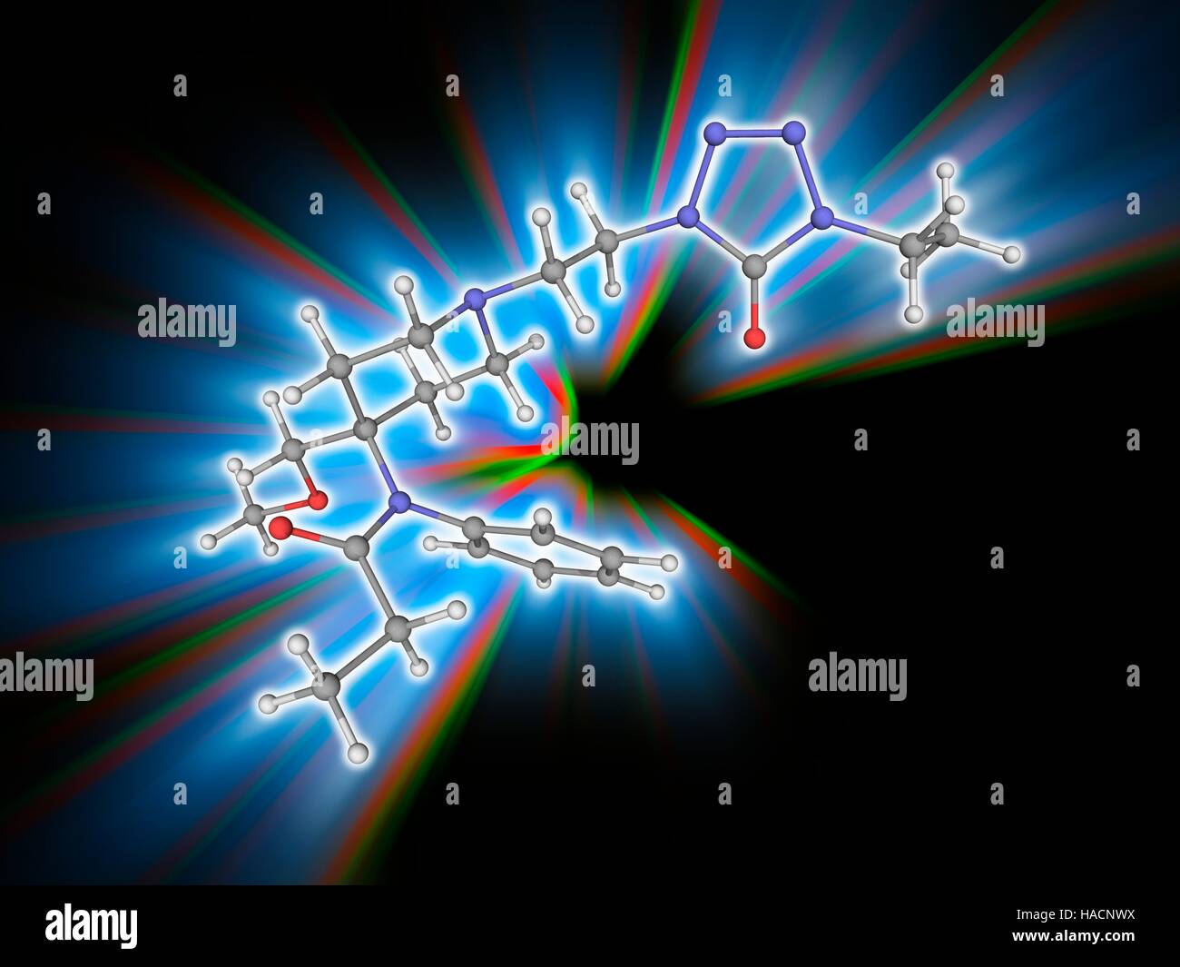 Alfentanil. Molekulares Modell des synthetischen Analgetikum Alfentanil (C21. H32. N6. O3) für Anästhesie in der Chirurgie verwendet. Es gilt als ein Opioid (ein Medikament, ähnlich wie die Opiate), beeinflussen die körpereigene opioid-Rezeptoren. Atome als Kugeln dargestellt werden und sind farblich gekennzeichnet: Kohlenstoff (grau), Wasserstoff (weiß), Stickstoff (blau) und Sauerstoff (rot). Abbildung. Stockfoto