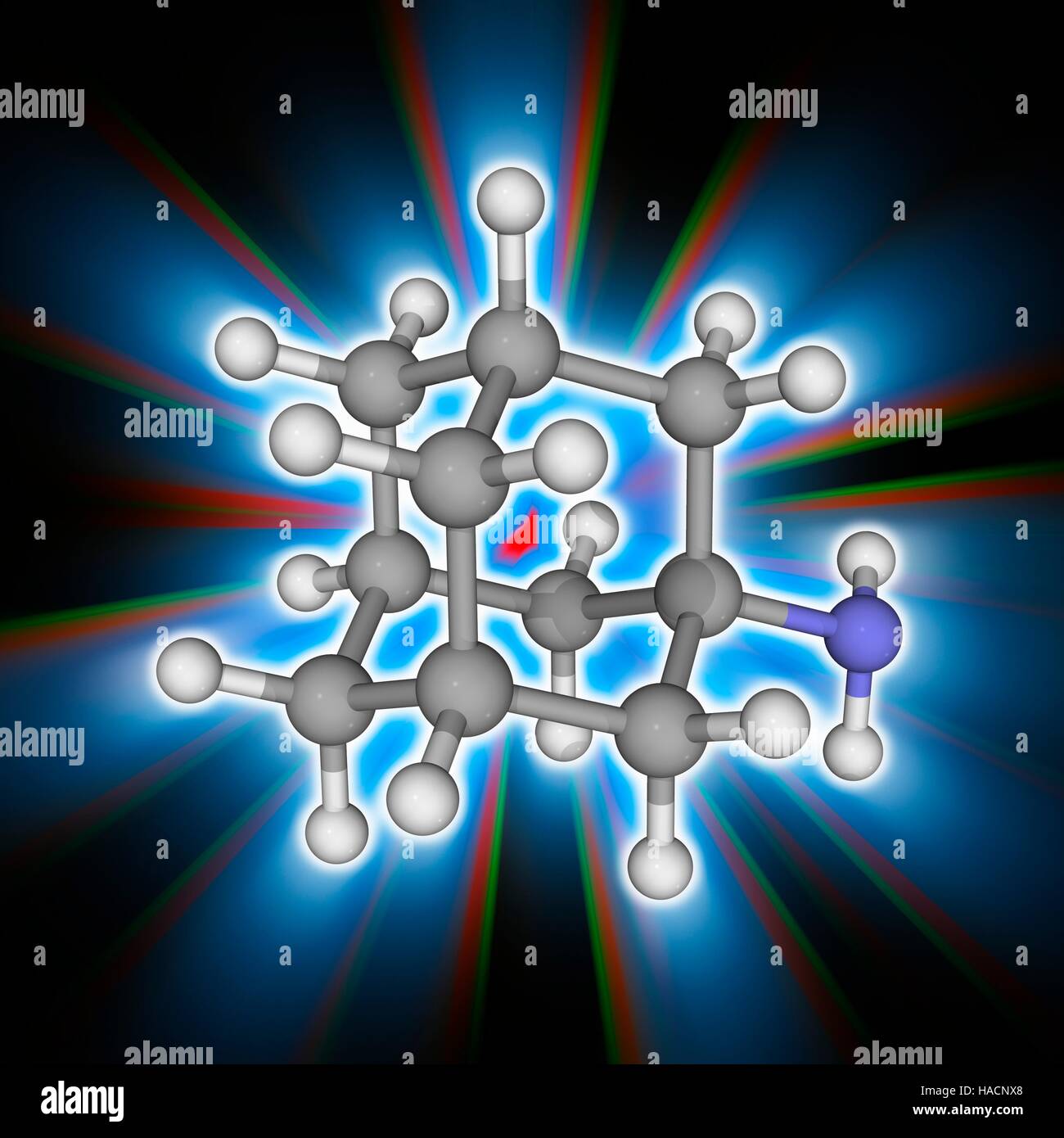 Amantadin. Molekulares Modell des Medikament Amantadin (C10. H17. (N), als eine antivirale Medikament und in Fällen der Parkinson-Krankheit eingesetzt. Atome als Kugeln dargestellt werden und sind farblich gekennzeichnet: Kohlenstoff (grau), Wasserstoff (weiß) und Stickstoff (blau). Abbildung. Stockfoto