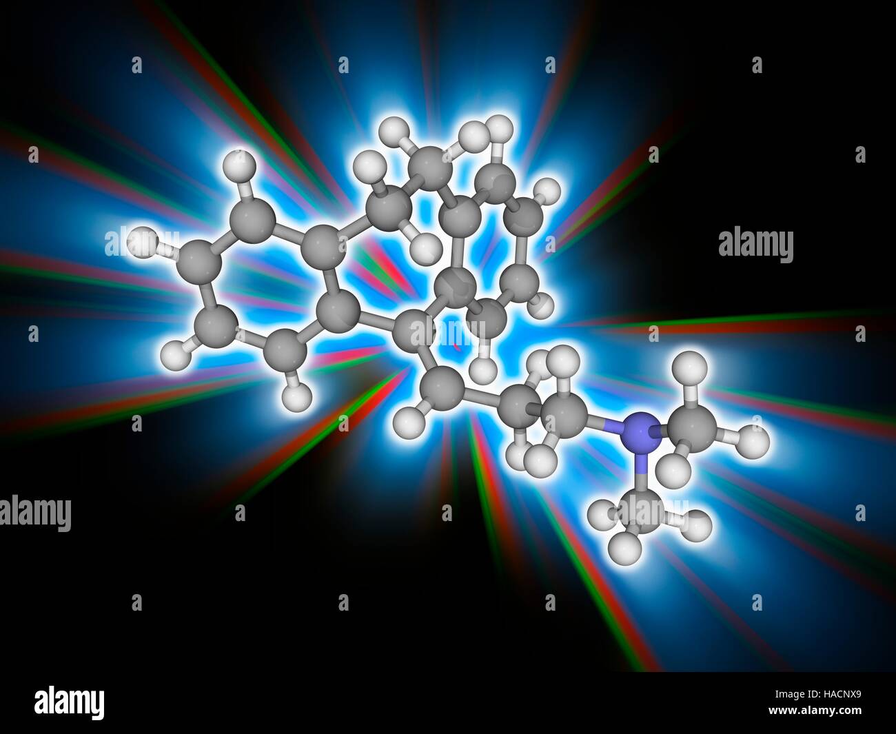 Amitriptylin. Molekulares Modell des Antidepressivum Medikament Amitriptylin (C20. H23. (N). dieses Medikament wird auch zur Behandlung einer Vielzahl von psychischen Störungen. Atome als Kugeln dargestellt werden und sind farblich gekennzeichnet: Kohlenstoff (grau), Wasserstoff (weiß) und Stickstoff (blau). Abbildung. Stockfoto