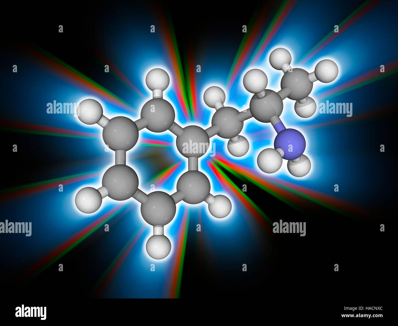 Amphetamin. Molekulares Modell des Psychostimulans Droge Amphetamin (C9. H13. (N), ein Medikament, das produziert erhöht Wachheit und Konzentration sowie verringerte Müdigkeit und Appetitlosigkeit. Atome als Kugeln dargestellt werden und sind farblich gekennzeichnet: Kohlenstoff (grau), Wasserstoff (weiß) und Stickstoff (blau). Abbildung. Stockfoto