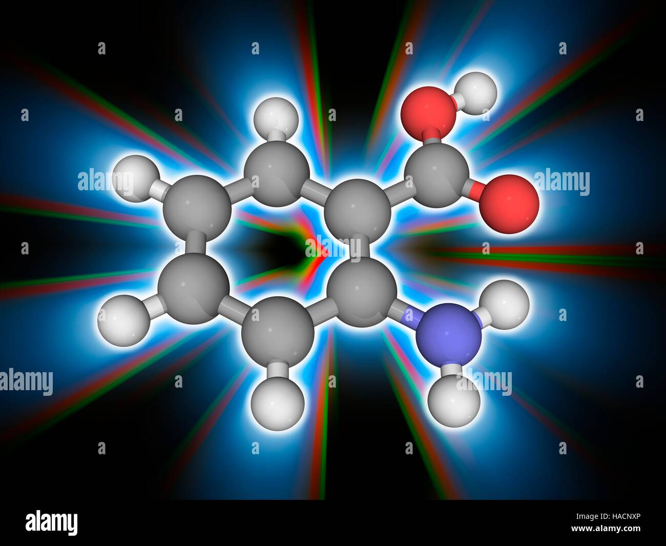 Anthranilsäure Säure. Molekülmodell der aromatischen Verbindung Anthranilsäure Säure (C7. H7. N.O2). Diese organische Verbindung dient als Zwischenprodukt zur Herstellung von Farbstoffen, Pigmenten und Saccharin. Atome als Kugeln dargestellt werden und sind farblich gekennzeichnet: Kohlenstoff (grau), Wasserstoff (weiß), Stickstoff (blau) und Sauerstoff (rot). Abbildung. Stockfoto