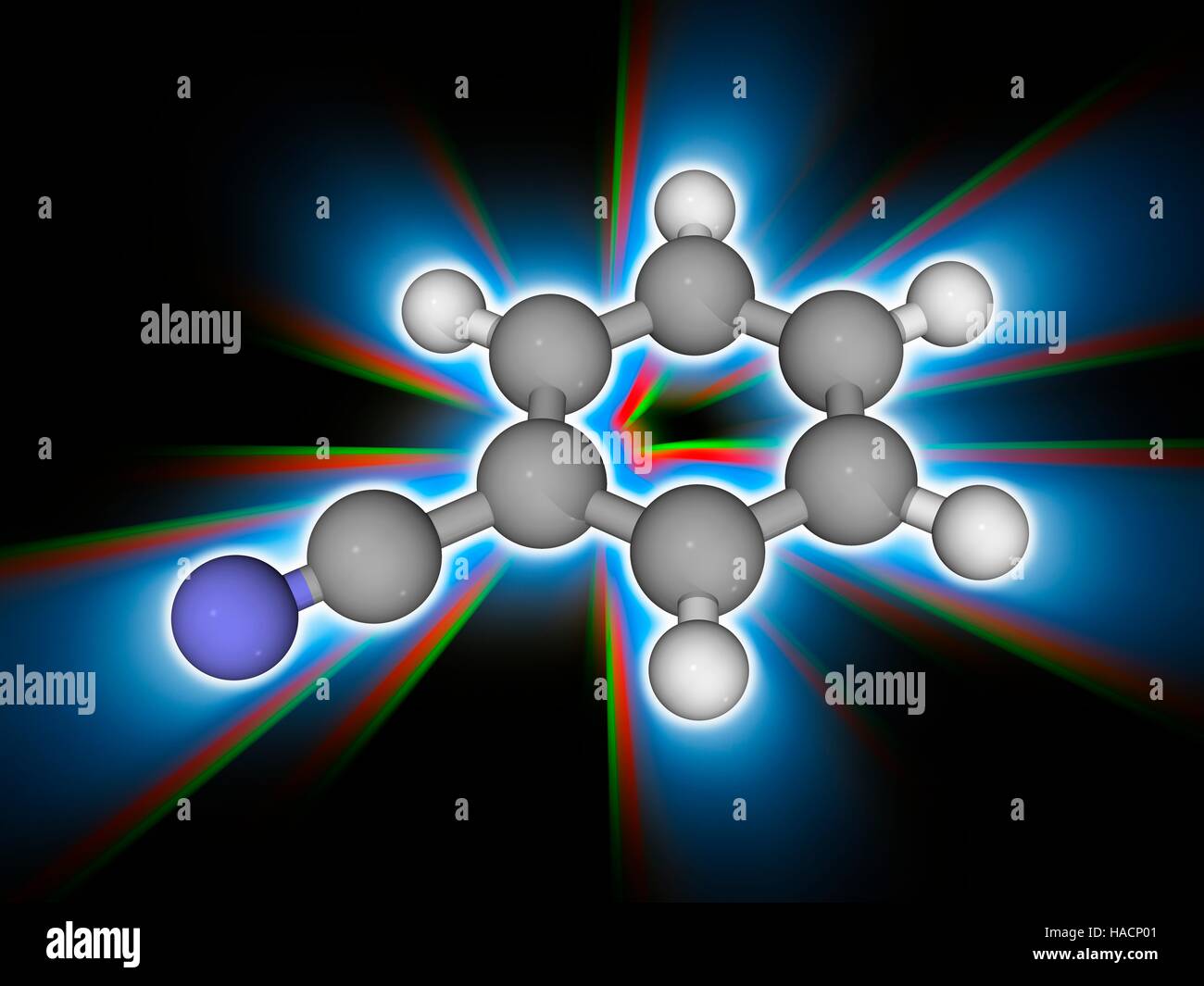 Benzonitril. Molekulares Modell des aromatische organische Verbindung Benzonitril (C7. H5. (N). es ist eine wichtige Vorstufe für die Synthese von anderen organischen Substanzen. Es hat einen süßen Mandel Geruch. Atome als Kugeln dargestellt werden und sind farblich gekennzeichnet: Kohlenstoff (grau), Wasserstoff (weiß) und Stickstoff (blau). Abbildung. Stockfoto