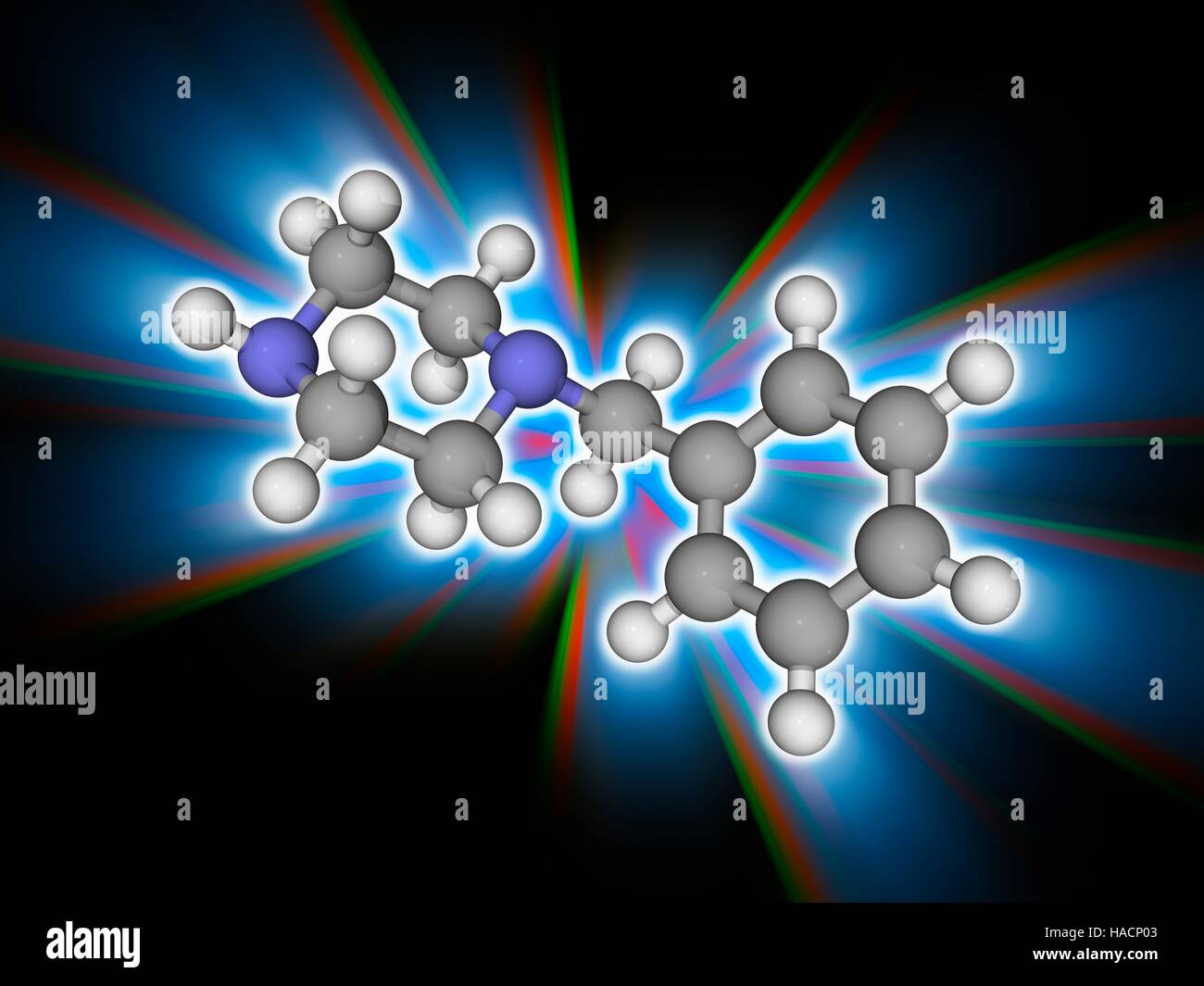 Benzylpiperazin. Molekulares Modell des Drogen-Benzylpiperazin (BZP, C11. H16. (N2). Dieses Medikament hat euphorische und stimulierende Eigenschaften. Es ist in einigen Ländern verboten. Atome als Kugeln dargestellt werden und sind farblich gekennzeichnet: Kohlenstoff (grau), Wasserstoff (weiß) und Stickstoff (blau). Abbildung. Stockfoto
