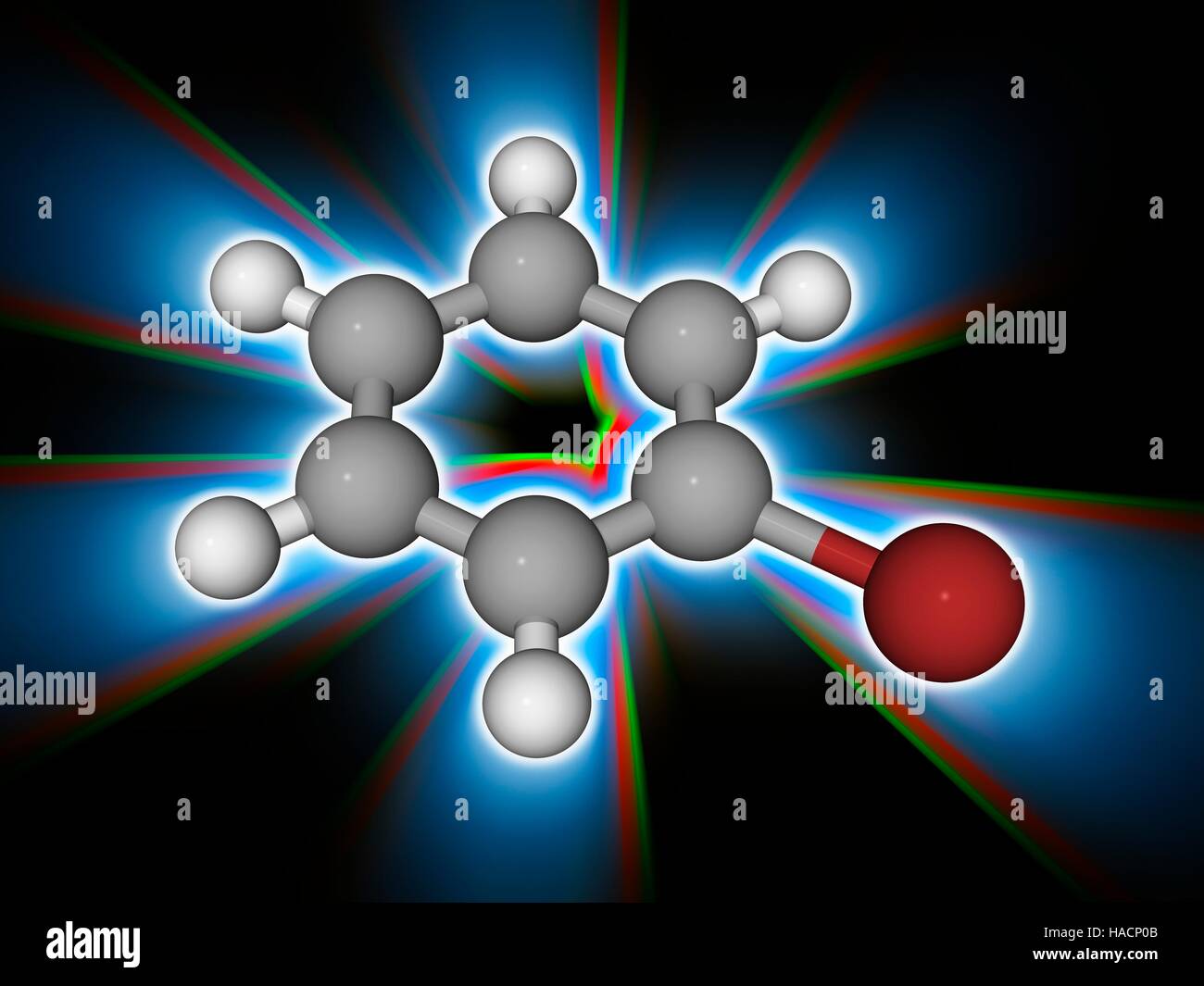 Bromobenzene. Molekulares Modell des Aryl Halide Bromobenzene (C6.H5.Br). Diese Chemikalie wird in der organischen Synthese verwendet, um andere Moleküle über eine Phenyl-Gruppe vorzustellen Palladium-katalysierte Kupplung Reaktionen. Atome als Kugeln dargestellt werden und sind farblich gekennzeichnet: Kohlenstoff (grau), Wasserstoff (weiß) und Brom (rot-braun). Abbildung. Stockfoto
