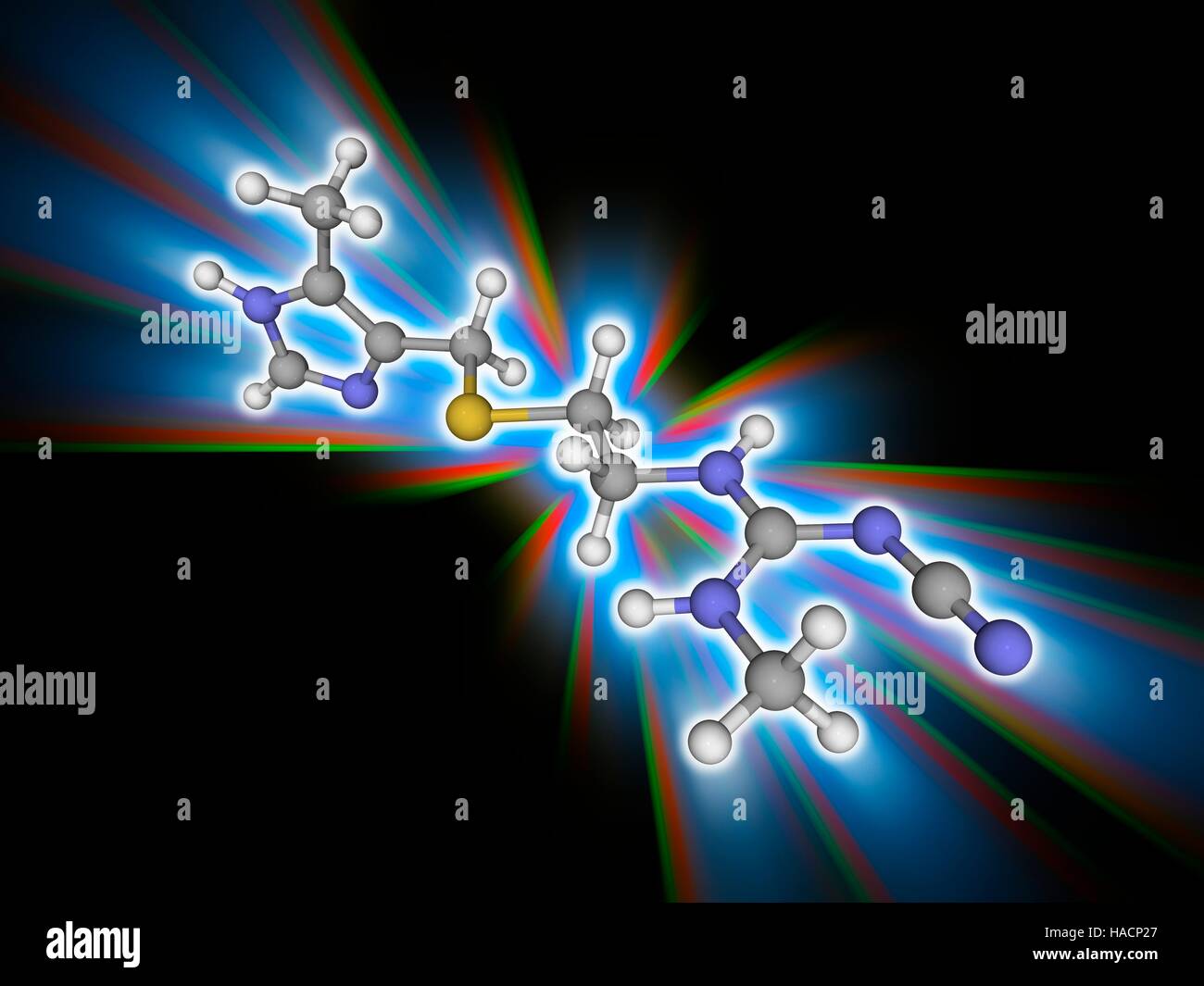 Cimetidin. Molekulares Modell des Medikaments Cimetidin (C10. H16. N6. (S), zur Behandlung von Sodbrennen und peptischen Ulzera. Es ist ein Histamin-H2-Rezeptor-Antagonisten hemmen die Produktion von Säure im Magen. Atome als Kugeln dargestellt werden und sind farblich gekennzeichnet: Kohlenstoff (grau), Wasserstoff (weiß), Stickstoff (blau) und Schwefel (gelb). Abbildung. Stockfoto