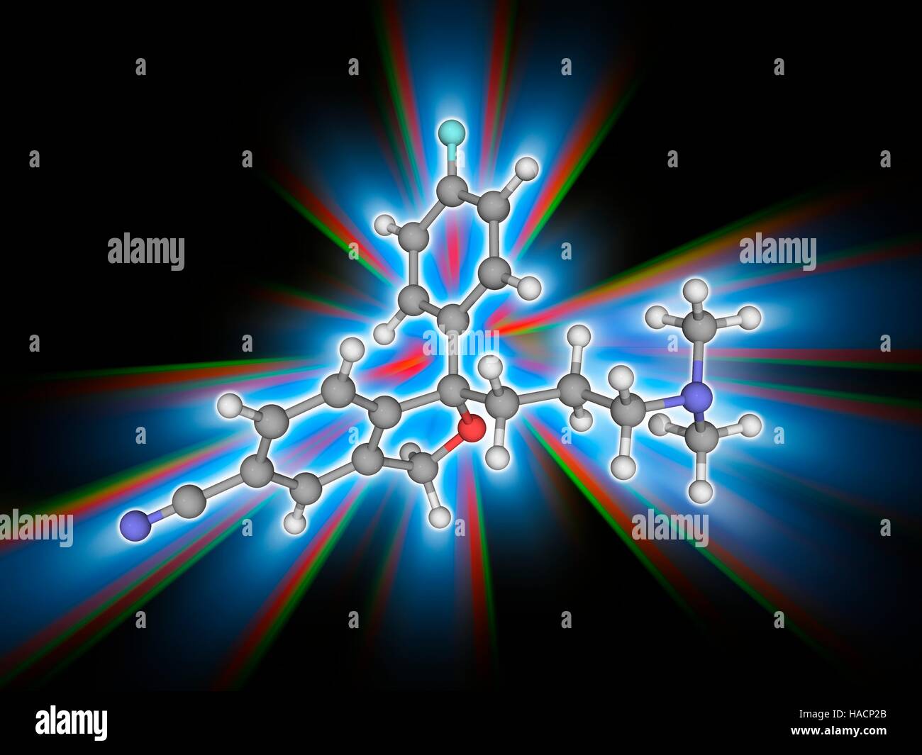 Citalopram. Molekulares Modell des Antidepressivum Citalopram (C20. H21. F.N2. (O). zur Behandlung von schweren depressiven Störungen, es wird als eine selektive Serotonin-Reuptake-Hemmer (SSRI) eingestuft. Atome als Kugeln dargestellt werden und sind farblich gekennzeichnet: Kohlenstoff (grau), Wasserstoff (weiß), Stickstoff (blau), Sauerstoff (rot) und Fluor (Cyan). Abbildung. Stockfoto