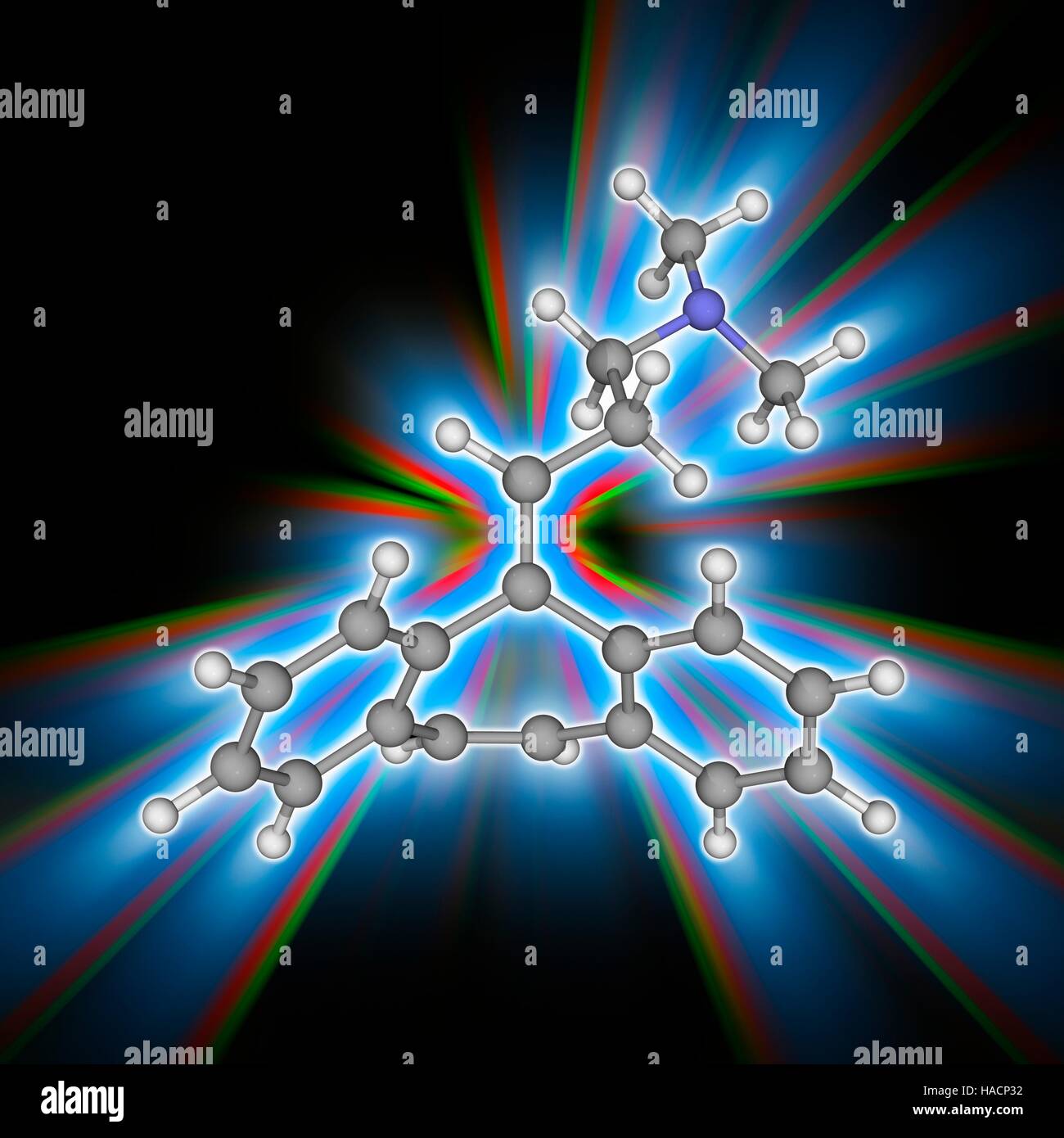 Cyclobenzapyren. Molekulares Modell des Muskel entspannende Droge Cyclobenzapyren (C20. H21. (N), zur Behandlung von skelettartiger Muskelkrämpfe. Atome als Kugeln dargestellt werden und sind farblich gekennzeichnet: Kohlenstoff (grau), Wasserstoff (weiß) und Stickstoff (blau). Abbildung. Stockfoto