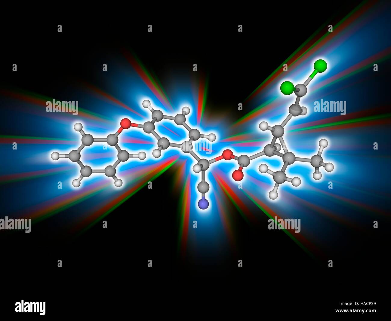 Cypermethrin. Molekulares Modell des synthetischen organischen Verbindung Cypermethrin (C22. H19. CL2.N.O3) als Insektizid verwendet. Atome als Kugeln dargestellt werden und sind farblich gekennzeichnet: Kohlenstoff (grau), Wasserstoff (weiß), Stickstoff (blau), Sauerstoff (rot) und Chlor (grün). Abbildung. Stockfoto