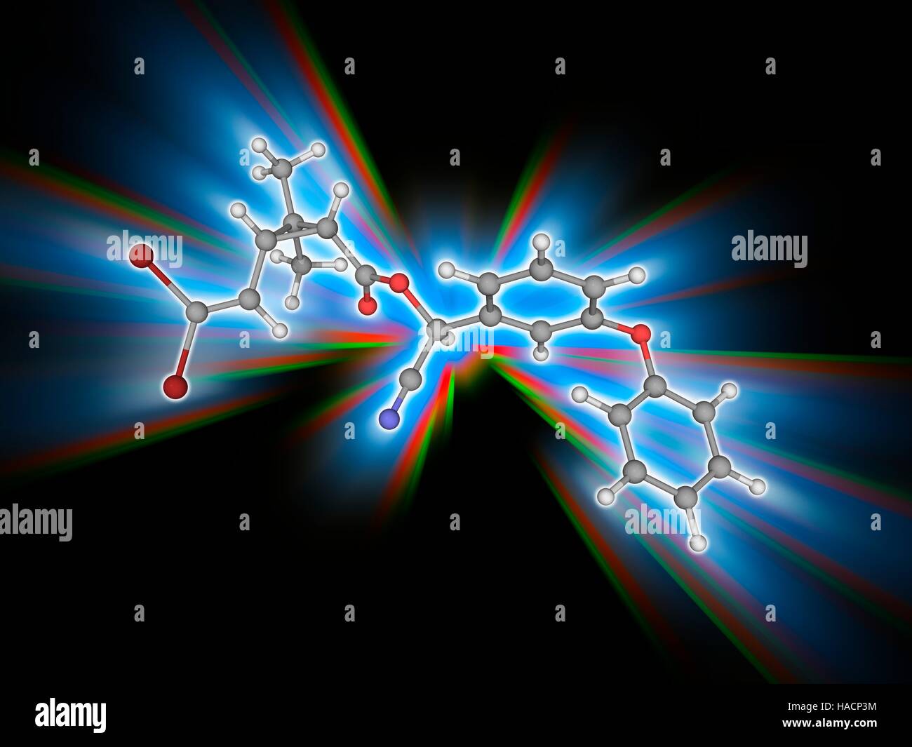 Deltamethrin. Molekulares Modell des Insektizid Deltamethrin (C22. H19. Br2.N.O3). Dies ist eine beliebte und weit verbreitete Pyrethroid Ester Insektizid. Atome als Kugeln dargestellt werden und sind farblich gekennzeichnet: Kohlenstoff (grau), Wasserstoff (weiß), Stickstoff (blau), Sauerstoff (rot) und Brom (braun). Abbildung. Stockfoto
