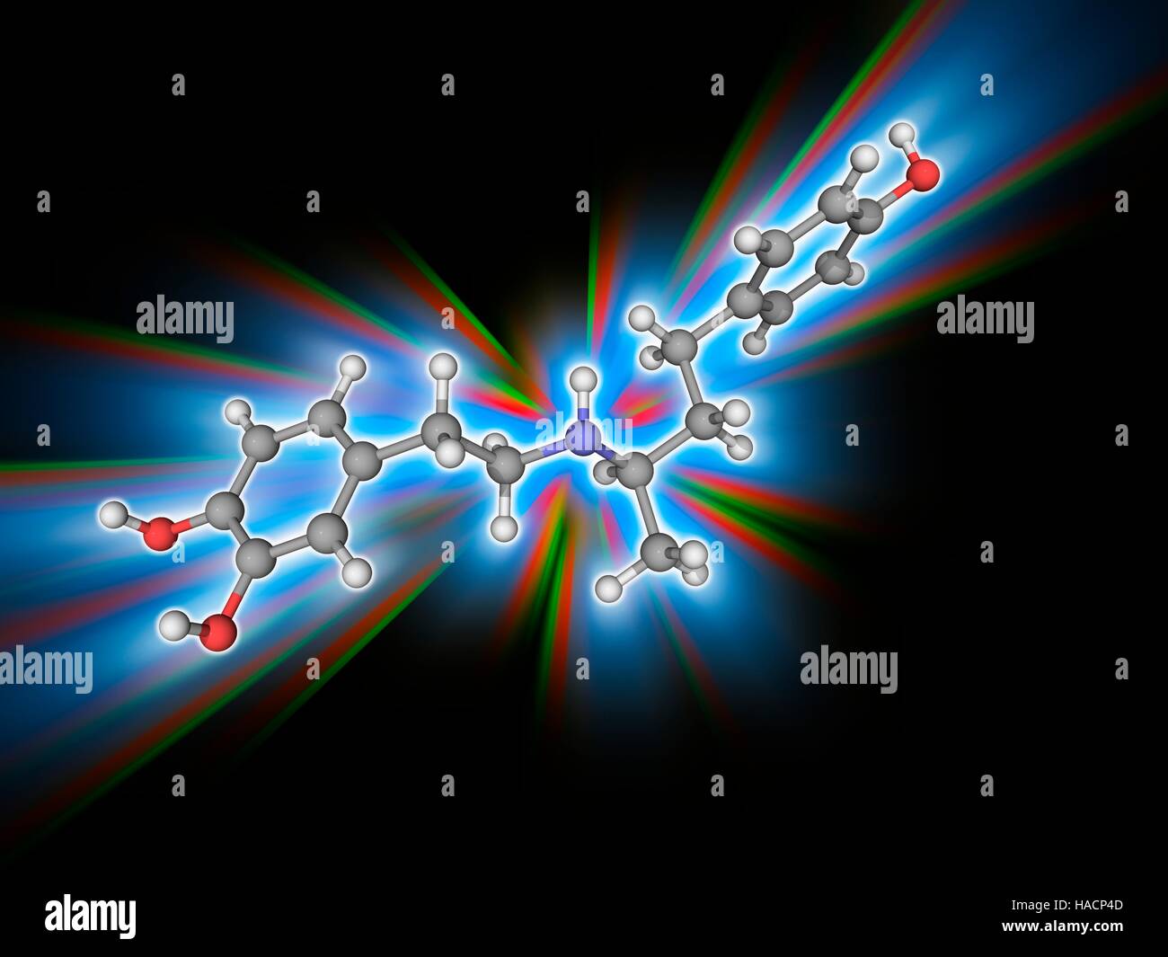 Dobutamin. Molekülmodell sympathomimetische Droge Dobutamin (C18. H23. N.O3), verwendet in der Behandlung von Herzinsuffizienz und kardiogenem Schock. Atome als Kugeln dargestellt werden und sind farblich gekennzeichnet: Kohlenstoff (grau), Wasserstoff (weiß), Stickstoff (blau) und Sauerstoff (rot). Abbildung. Stockfoto