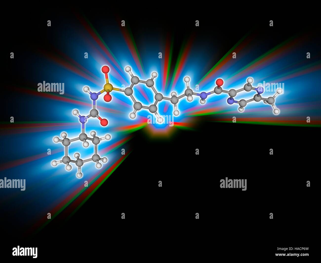 Glucotrol. Molekulares Modell des Anti-Diabetes-Medikament Glipizide (C21. H27. N5. O4. (S). Dies ist ein Sulfonylharnstoffpräparat Medikament, das wirkt durch die Erhöhung der Insulinfreisetzung aus den Betazellen in der Bauchspeicheldrüse. Atome als Kugeln dargestellt werden und sind farblich gekennzeichnet: Kohlenstoff (grau), Wasserstoff (weiß), Stickstoff (blau), Sauerstoff (rot) und Schwefel (gelb). Abbildung. Stockfoto