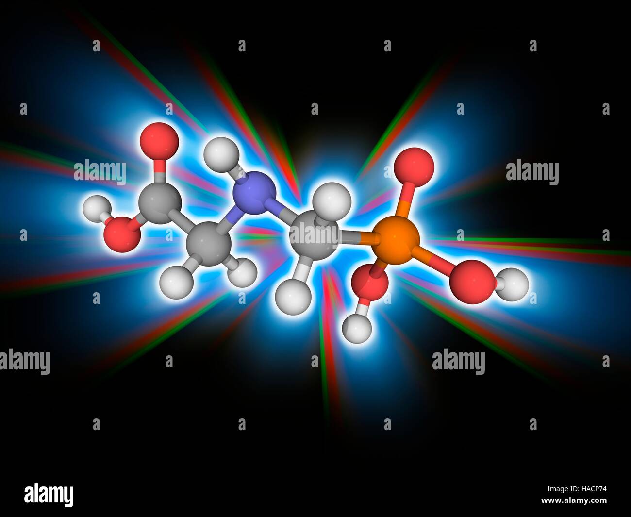 Glyphosat. Molekülmodell von Unkrautvernichter Glyphosat (C3. H8. N.O5. (P), ein Ausgedehntspektrum Herbizid. Atome als Kugeln dargestellt werden und sind farblich gekennzeichnet: Kohlenstoff (grau), Wasserstoff (weiß), Stickstoff (blau), Sauerstoff (rot) und Phosphor (Orange). Abbildung. Stockfoto