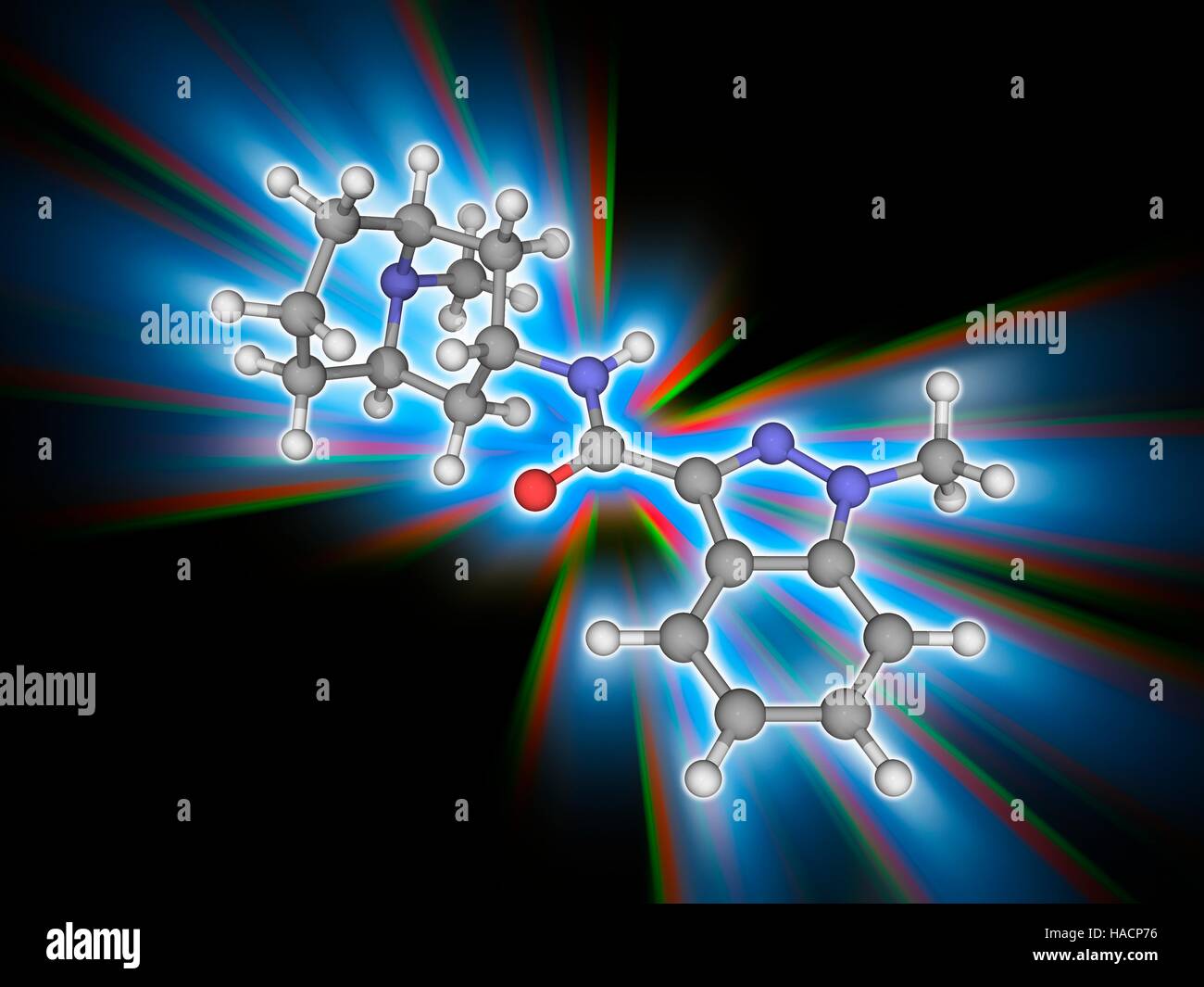 Granisetron. Molekulares Modell des Medikaments Granisetron (C18. H24. N4. (O), ein Serotonin-5-HT3-Rezeptor-Antagonisten zur Behandlung von Übelkeit und Erbrechen nach Chemotherapie. Atome als Kugeln dargestellt werden und sind farblich gekennzeichnet: Kohlenstoff (grau), Wasserstoff (weiß), Stickstoff (blau) und Sauerstoff (rot). Abbildung. Stockfoto