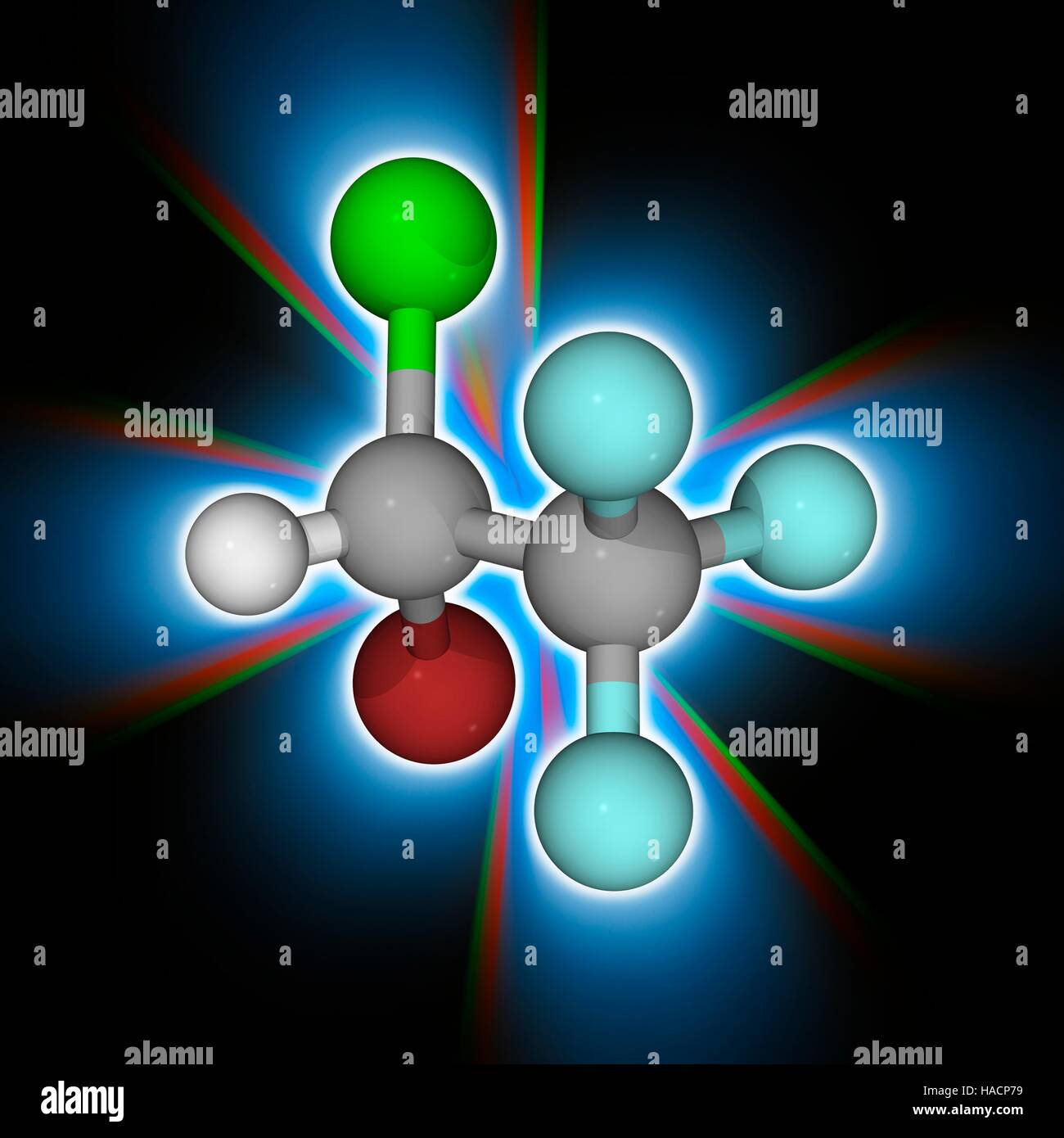 Halothan. Molekulares Modell des betäubenden Medikaments Halothan (C2.H.Br.Cl.F3). Diese Vollnarkose erfolgt durch Inhalation. Es ist auch Knowns als Fluothane. Atome als Kugeln dargestellt werden und sind farblich gekennzeichnet: Kohlenstoff (grau), Wasserstoff (weiß), Fluor (Cyan), Brom (braun) und Chlor (grün). Abbildung. Stockfoto