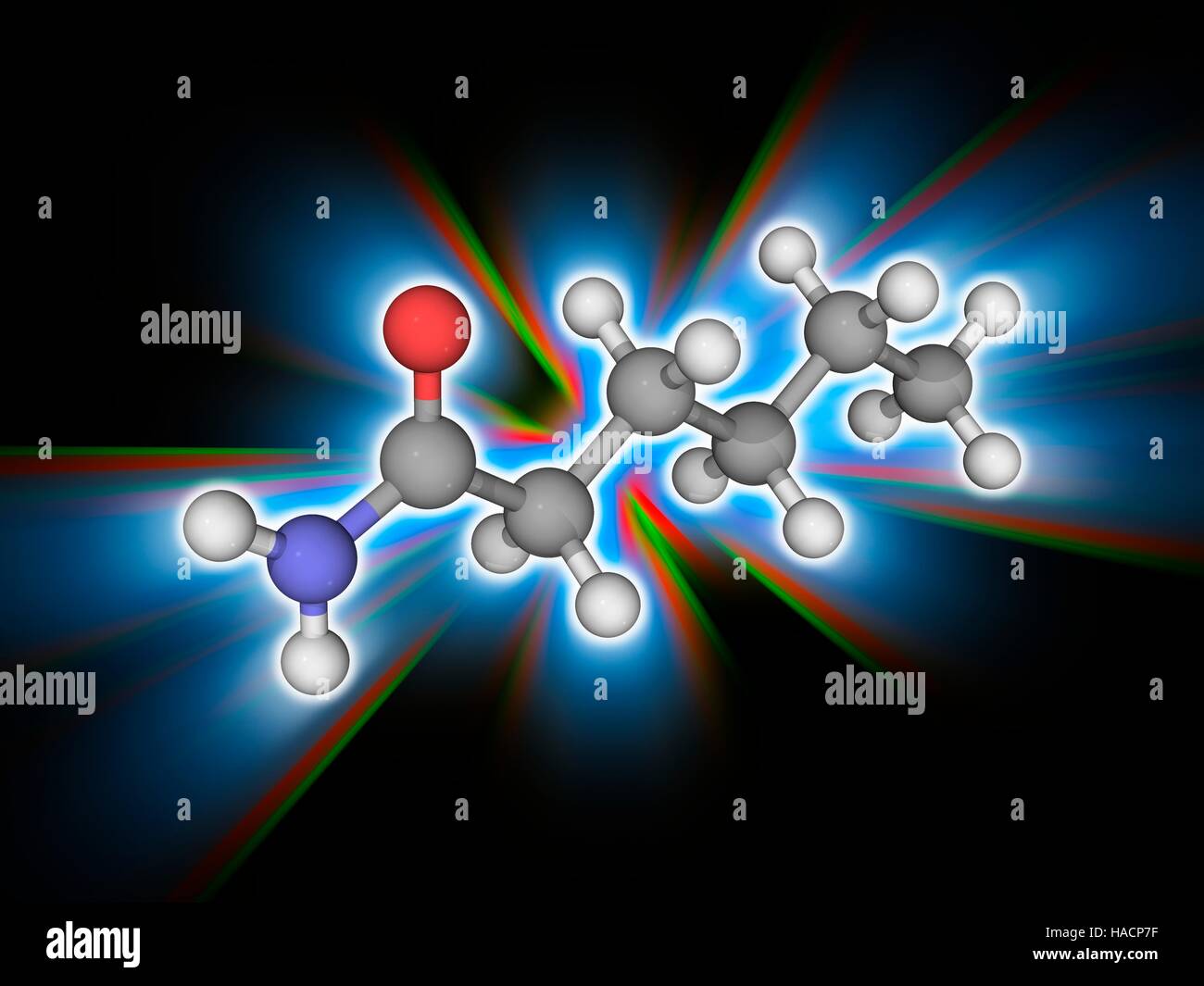 Hexanamide. Molekülmodell der organischen Verbindung und Amid Hexanamide (C6. H13. Navi), auch bekannt als Capronamide. Diese Chemikalie reagiert mit azo und diazo-Verbindungen, giftige Gase erzeugen. Atome als Kugeln dargestellt werden und sind farblich gekennzeichnet: Kohlenstoff (grau), Wasserstoff (weiß), Stickstoff (blau) und Sauerstoff (rot). Abbildung. Stockfoto