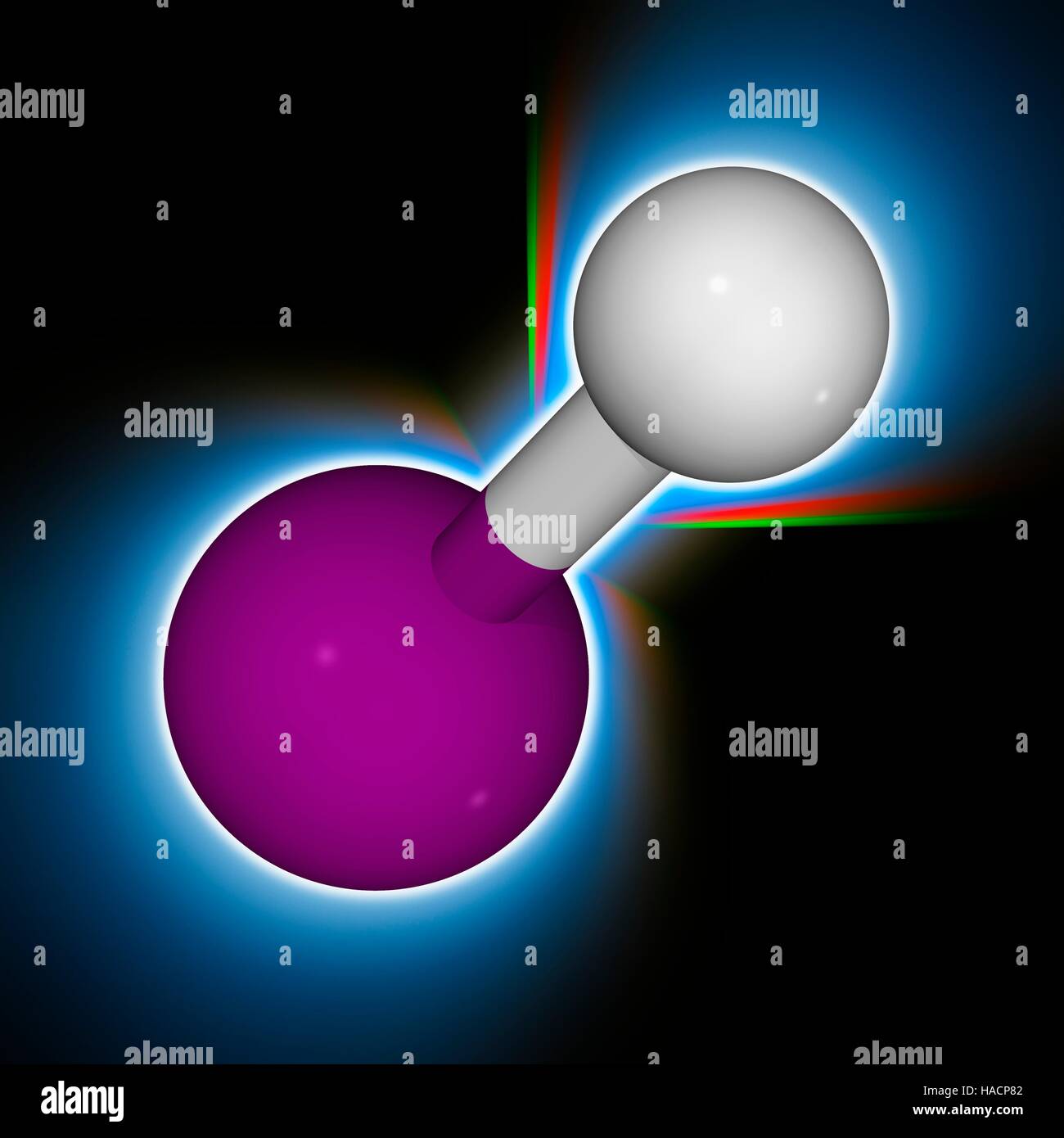 Hydroiodic Säure. Molekülmodell der Halogenid und mineralische Säure Hydroiodic Säure (HI). Diese starke Säure wird als primäre Quelle von Jod in organische und anorganische Synthese verwendet. Atome als Kugeln dargestellt werden und sind farblich gekennzeichnet: Jod (violett) und Wasserstoff (weiß). Abbildung. Stockfoto