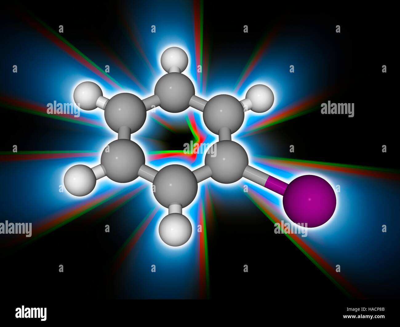 Iodobenzene. Molekulares Modell des organischen aromatischen Verbindung Iodobenzene (C6. H5. I), verwendet als ein synthetisches Zwischenprodukt in der organischen Chemie. Atome als Kugeln dargestellt werden und sind farblich gekennzeichnet: Kohlenstoff (grau), Wasserstoff (weiß) und Jod (violett). Abbildung. Stockfoto
